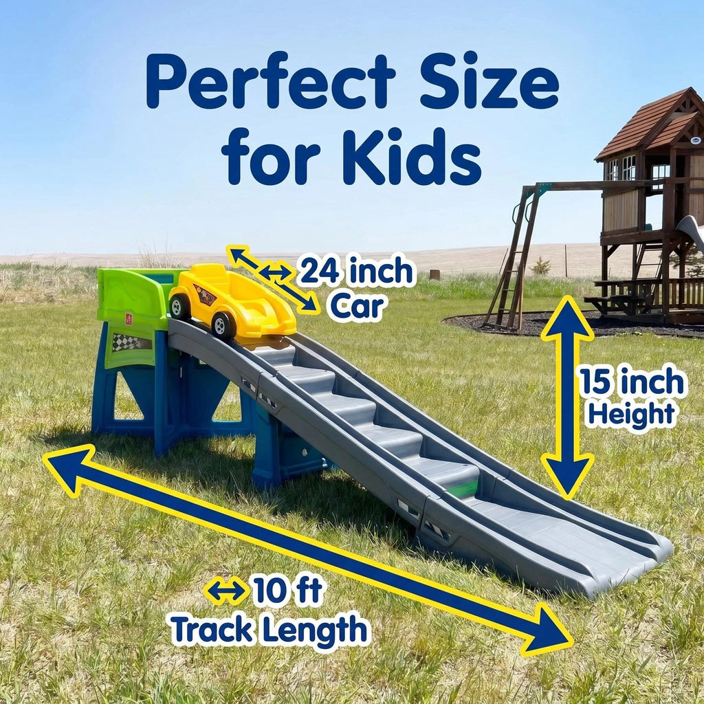 Kids Ride‑On Race Car Track Playset, 10 Ft Long Slide Track with 24” Ride‑On Car, Indoor Outdoor Toddler Roller Coaster Toy, Tool‑Free Assembly for Backyard Play