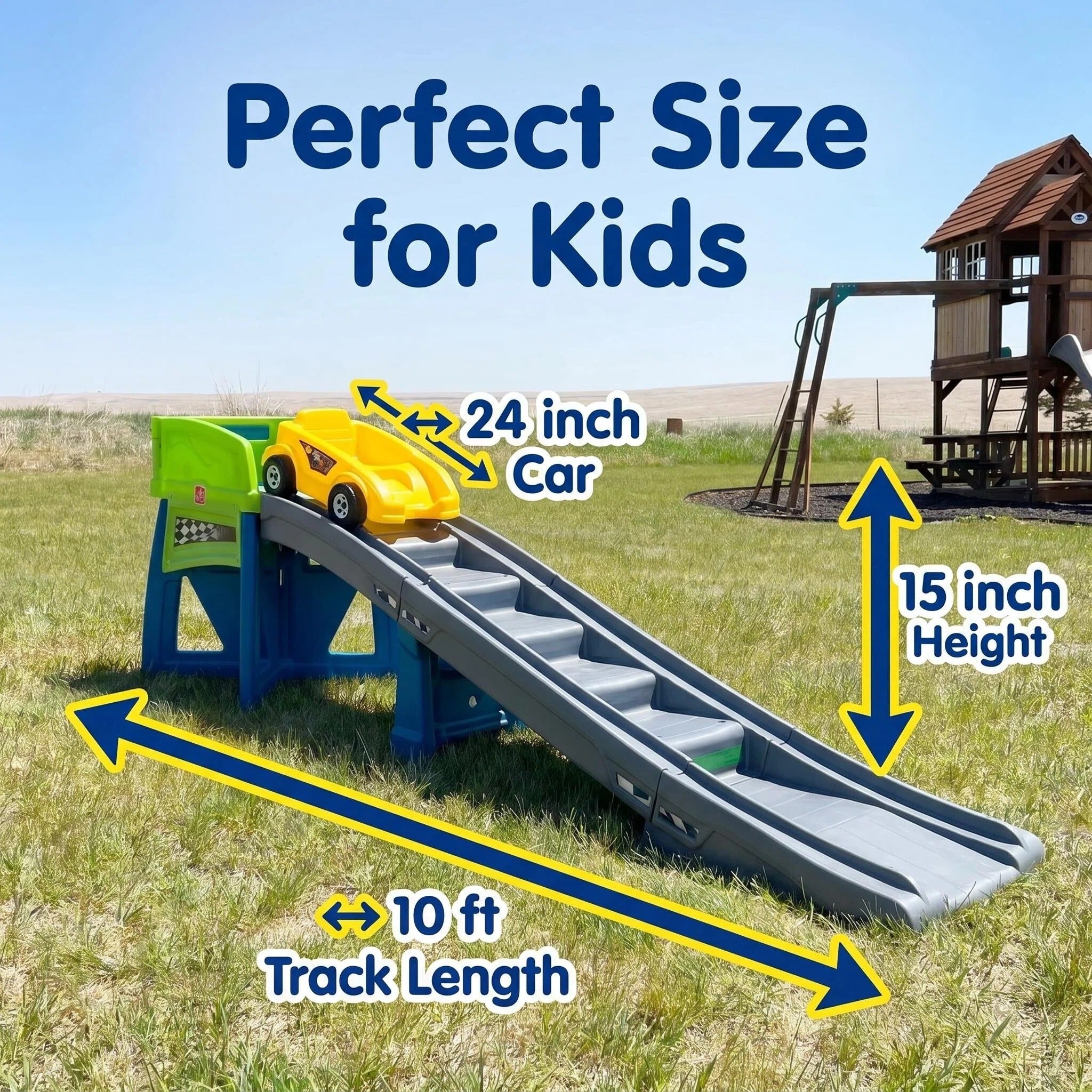 Kids Ride‑On Race Car Track Playset, 10 Ft Long Slide Track with 24” Ride‑On Car, Indoor Outdoor Toddler Roller Coaster Toy, Tool‑Free Assembly for Backyard Play