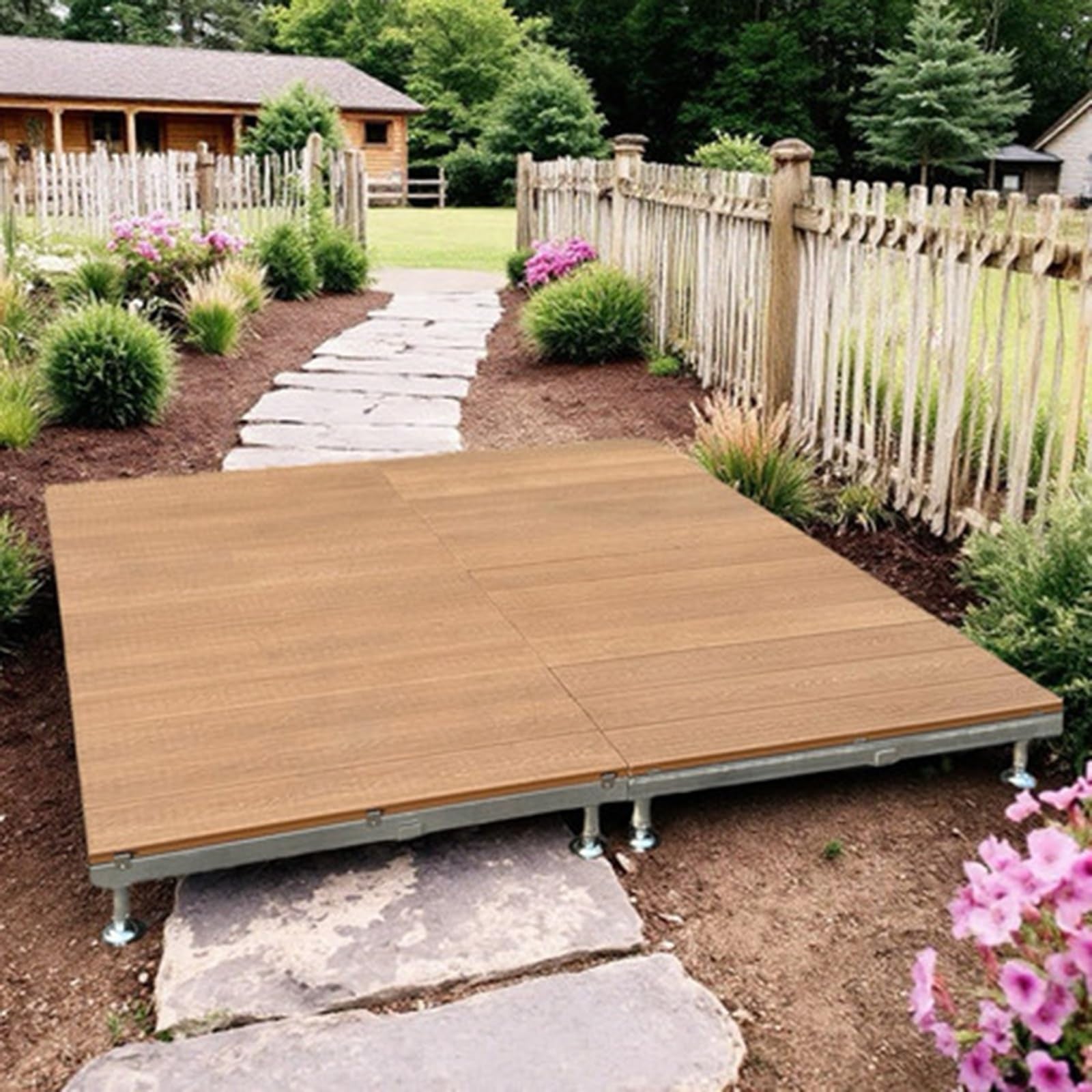 Portable Modular WPC Deck Platform, Quick Assembly Adjustable Height Outdoor Flooring Stage, Galvanized Steel Frame Interlocking WPC Deck Tiles for Event Stage, Camping, Backyard Patio