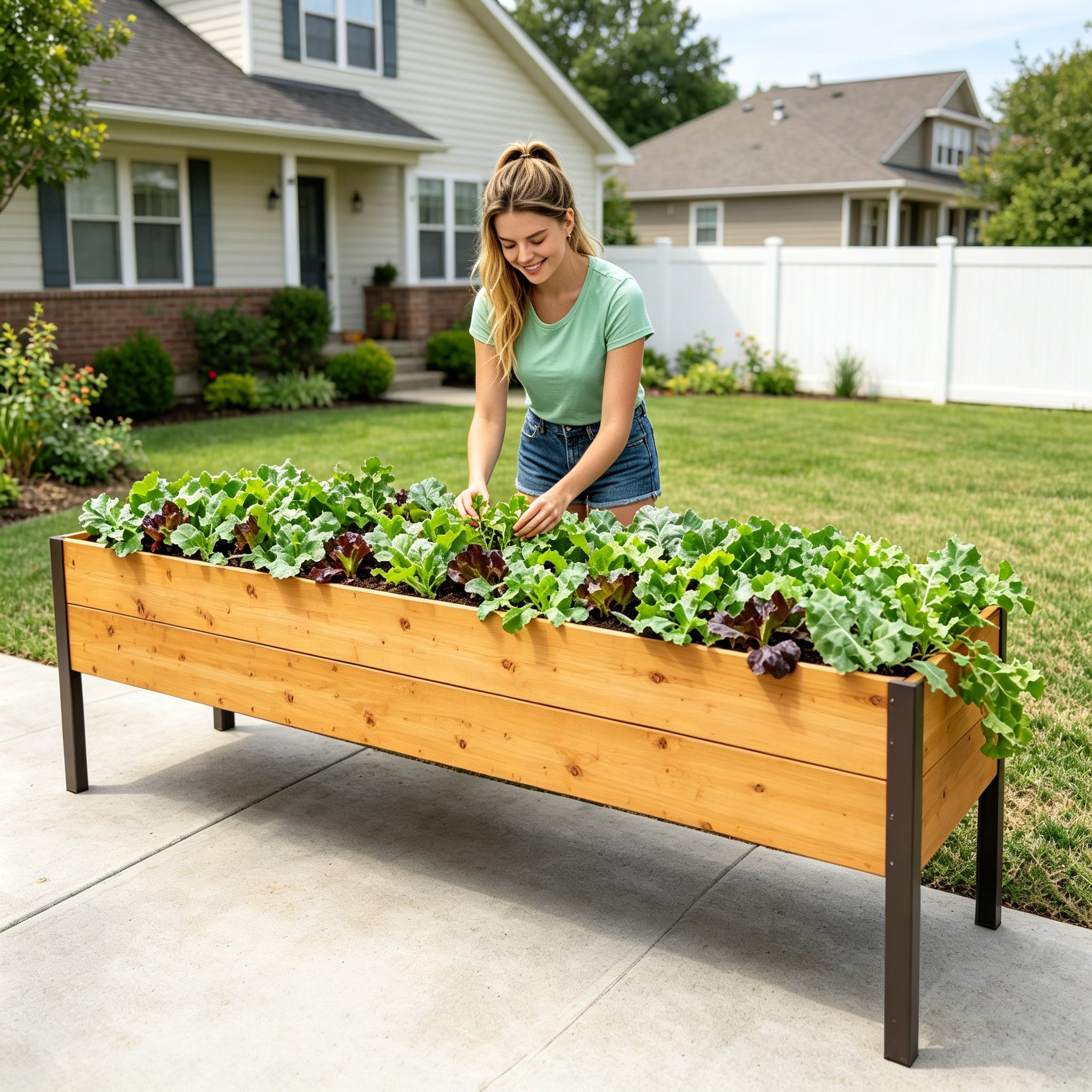 Elevated Wooden Raised Garden Bed with Arch Trellis & Self‑Watering System, Standing Raised Planter Box for Vegetables Herbs Flowers, Bonus 8‑Piece Gardening Tool Set