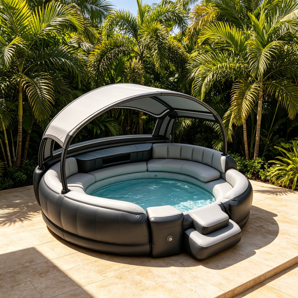4‑7 Person Premium Inflatable Circular Hot Tub Spa, Outdoor Inflatable Spa with Foldable Canopy, LED Ambient Lighting, Built‑in Seats & Drink Bar, Electric Air Pump for Backyard Gatherings