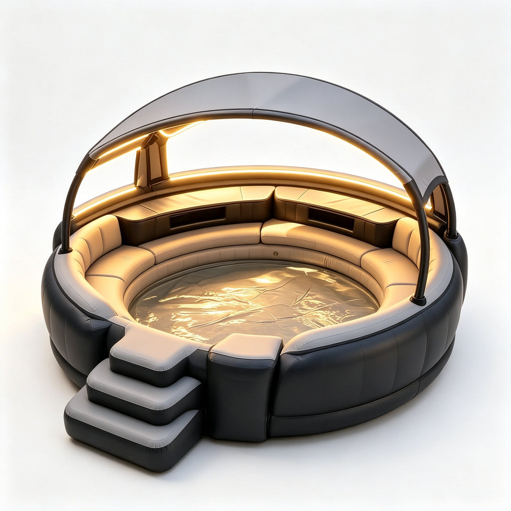 4‑7 Person Premium Inflatable Circular Hot Tub Spa, Outdoor Inflatable Spa with Foldable Canopy, LED Ambient Lighting, Built‑in Seats & Drink Bar, Electric Air Pump for Backyard Gatherings