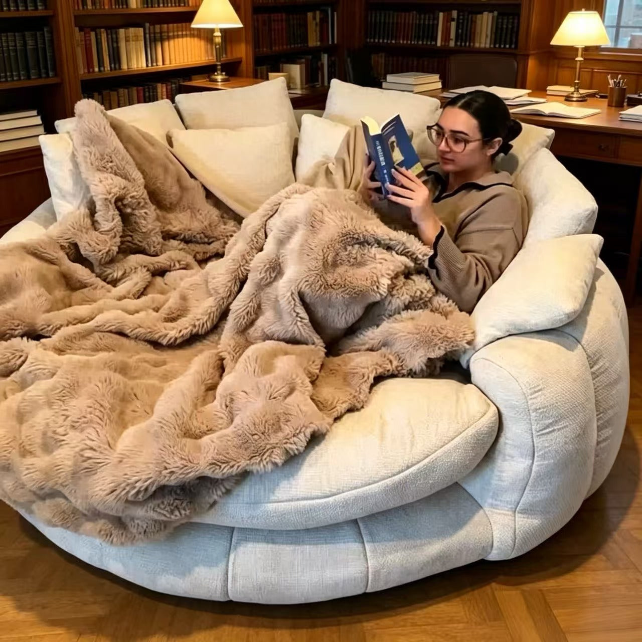 70 Inch Oversized Round Cuddle Daybed Sofa, High‑Density Foam Circular Reading Nook Chair, Removable Washable Cover with Multi‑Pillows for Bedroom Reading Corner