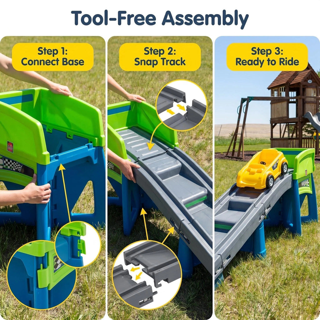 Kids Ride‑On Race Car Track Playset, 10 Ft Long Slide Track with 24” Ride‑On Car, Indoor Outdoor Toddler Roller Coaster Toy, Tool‑Free Assembly for Backyard Play