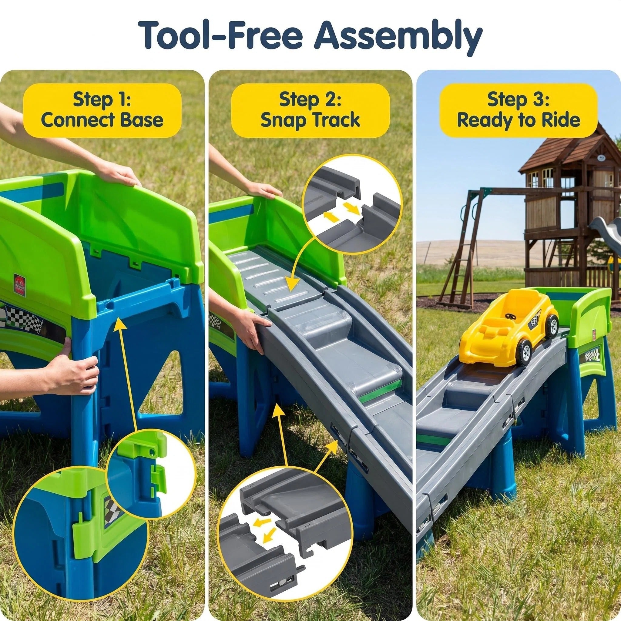 Kids Ride‑On Race Car Track Playset, 10 Ft Long Slide Track with 24” Ride‑On Car, Indoor Outdoor Toddler Roller Coaster Toy, Tool‑Free Assembly for Backyard Play