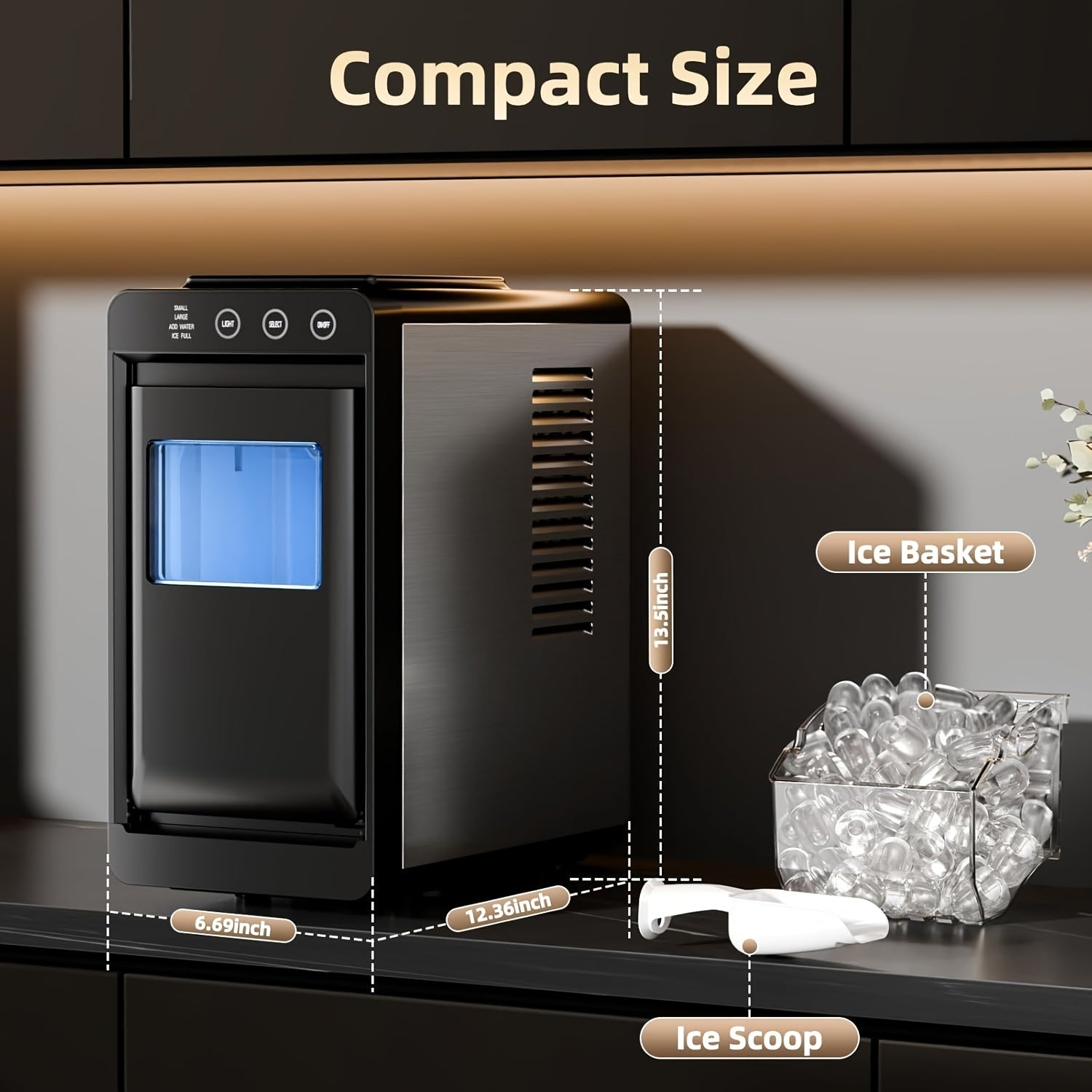 Countertop Ice Maker Machine, 6‑13 Mins Fast Ice Making 28Lbs/24H, Self‑Cleaning Portable Ice Machine, 2 Sizes Bullet Ice with Ice Scoop & Basket for Home Kitchen Bar Party