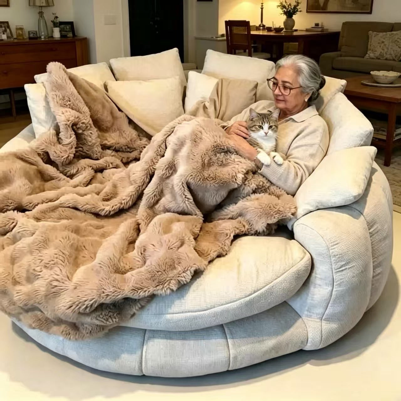 70 Inch Oversized Round Cuddle Daybed Sofa, High‑Density Foam Circular Reading Nook Chair, Removable Washable Cover with Multi‑Pillows for Bedroom Reading Corner