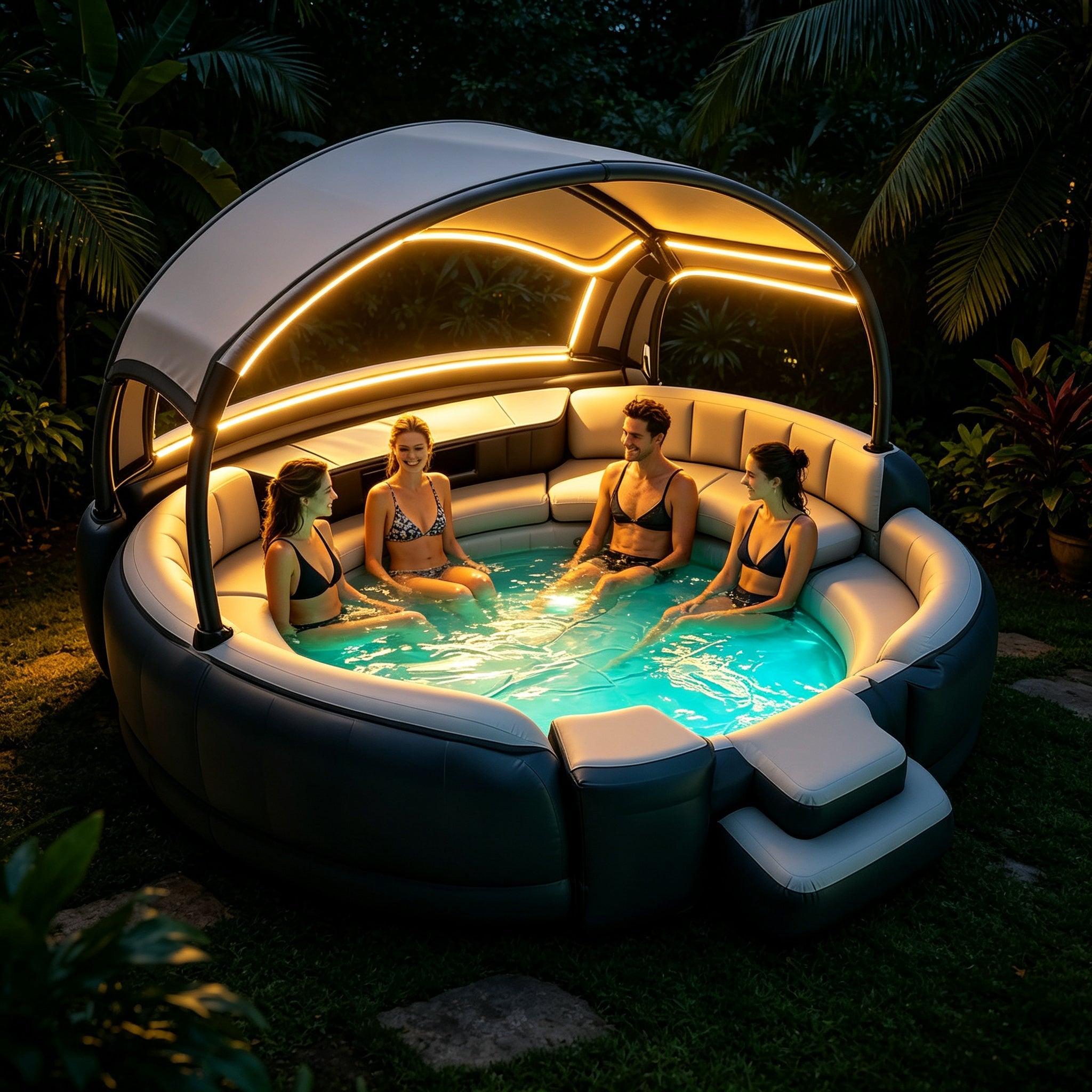4‑7 Person Premium Inflatable Circular Hot Tub Spa, Outdoor Inflatable Spa with Foldable Canopy, LED Ambient Lighting, Built‑in Seats & Drink Bar, Electric Air Pump for Backyard Gatherings