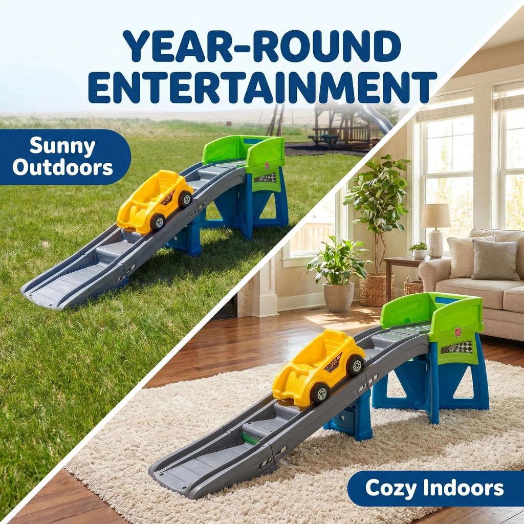 Kids Ride‑On Race Car Track Playset, 10 Ft Long Slide Track with 24” Ride‑On Car, Indoor Outdoor Toddler Roller Coaster Toy, Tool‑Free Assembly for Backyard Play