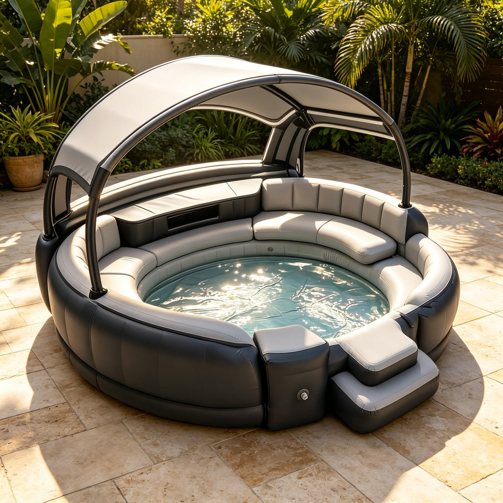 4‑7 Person Premium Inflatable Circular Hot Tub Spa, Outdoor Inflatable Spa with Foldable Canopy, LED Ambient Lighting, Built‑in Seats & Drink Bar, Electric Air Pump for Backyard Gatherings