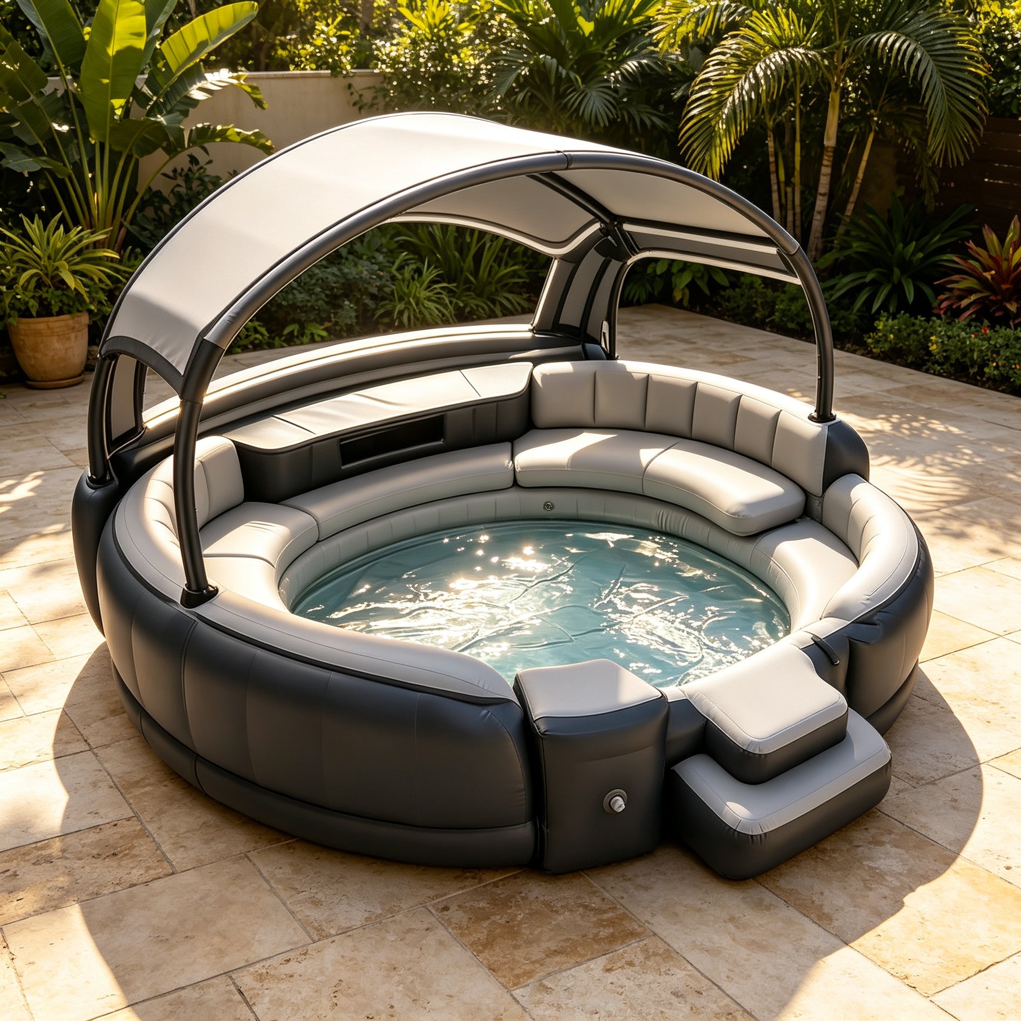 4‑7 Person Premium Inflatable Circular Hot Tub Spa, Outdoor Inflatable Spa with Foldable Canopy, LED Ambient Lighting, Built‑in Seats & Drink Bar, Electric Air Pump for Backyard Gatherings