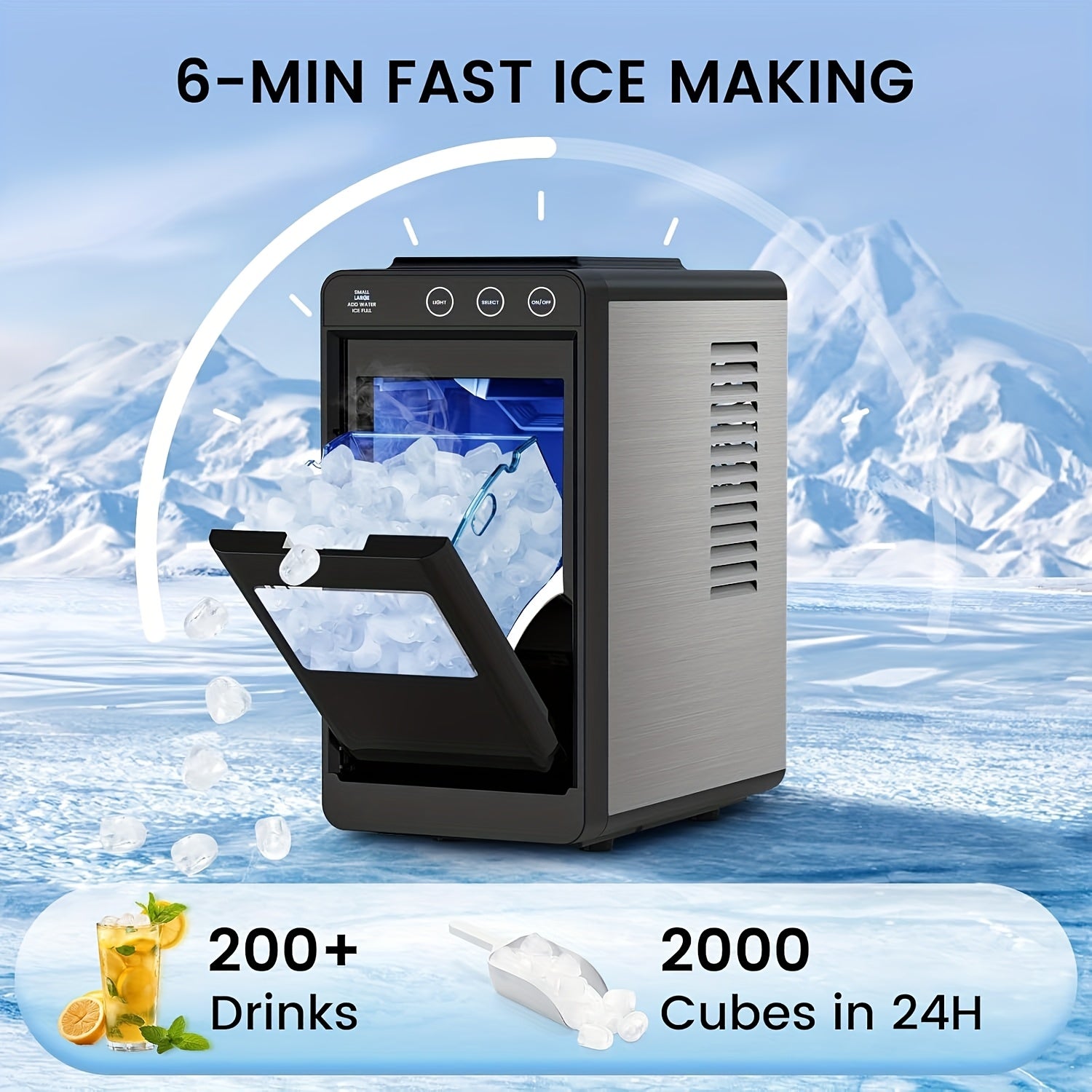 Countertop Ice Maker Machine, 6‑13 Mins Fast Ice Making 28Lbs/24H, Self‑Cleaning Portable Ice Machine, 2 Sizes Bullet Ice with Ice Scoop & Basket for Home Kitchen Bar Party