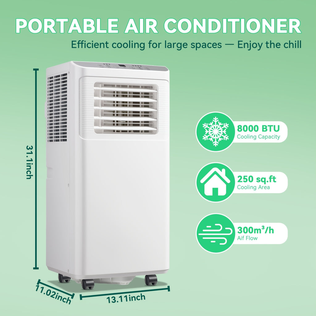8000BTU Portable Air Conditioner, 3‑in‑1 Cool Fan Dehumidifier with Remote & 24H Timer