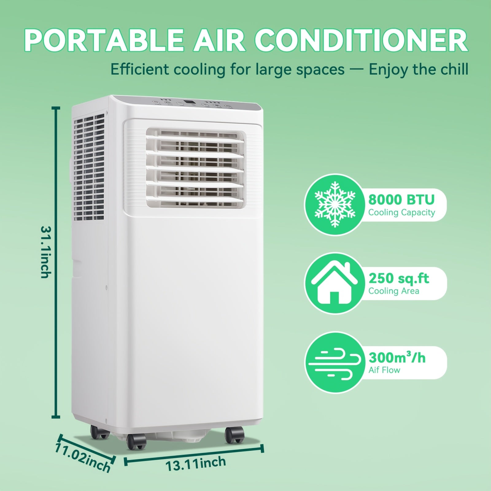 8000BTU Portable Air Conditioner, 3‑in‑1 Cool Fan Dehumidifier with Remote & 24H Timer