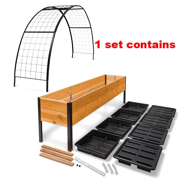 Elevated Wooden Raised Garden Bed with Arch Trellis & Self‑Watering System, Standing Raised Planter Box for Vegetables Herbs Flowers, Bonus 8‑Piece Gardening Tool Set