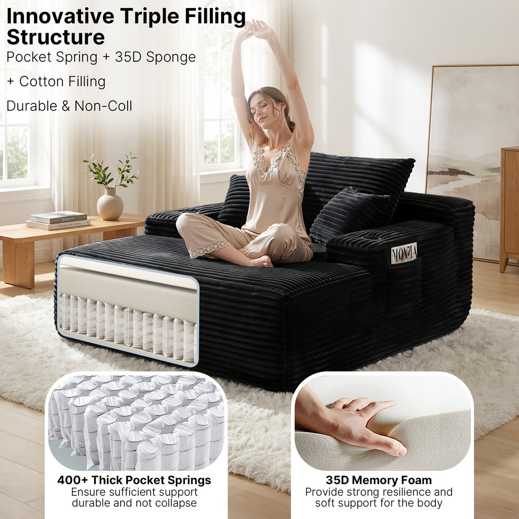 Oversized Corduroy Chaise Lounge Sofa, Pocket Spring Support Large Single Lazy Sofa for Living Room