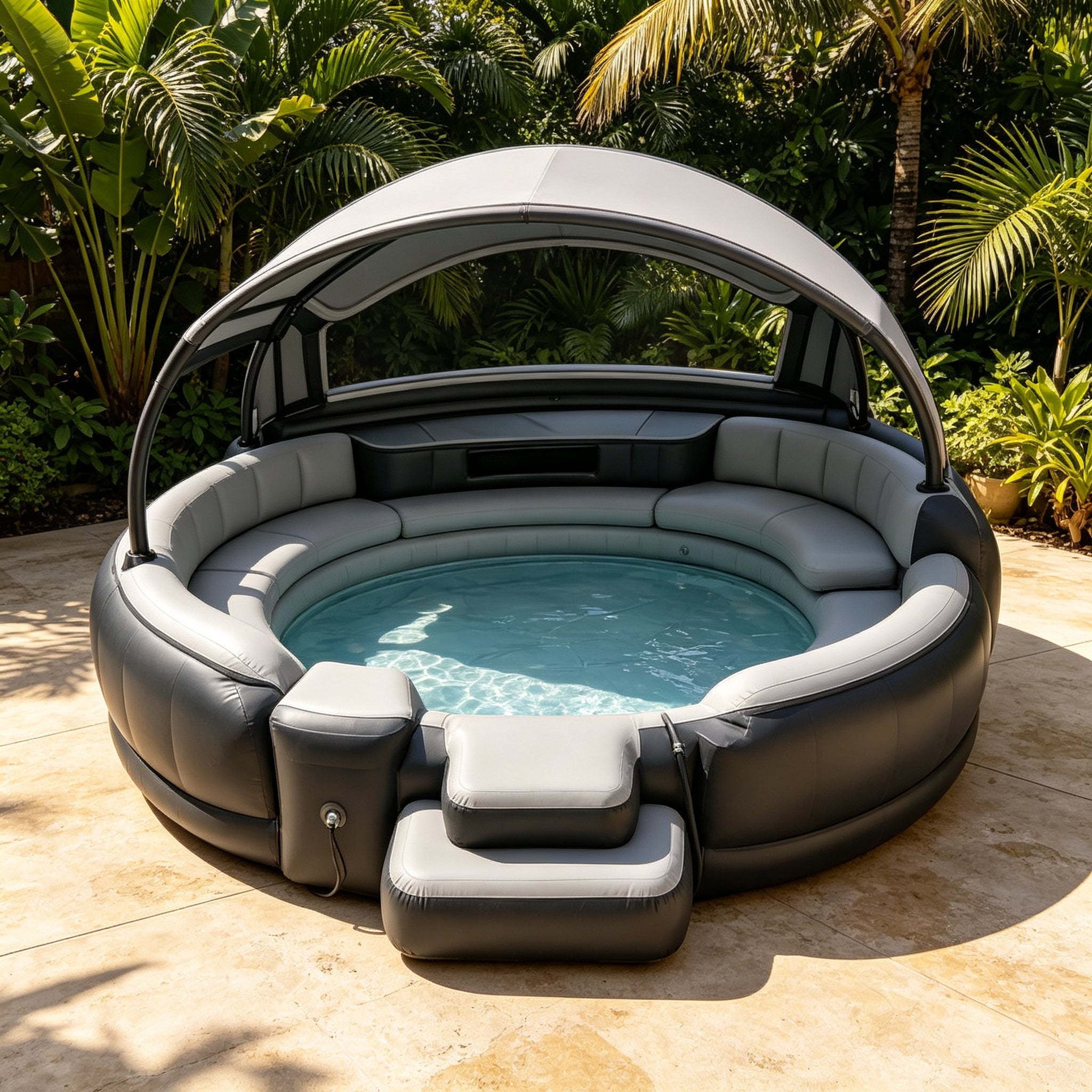 4‑7 Person Premium Inflatable Circular Hot Tub Spa, Outdoor Inflatable Spa with Foldable Canopy, LED Ambient Lighting, Built‑in Seats & Drink Bar, Electric Air Pump for Backyard Gatherings