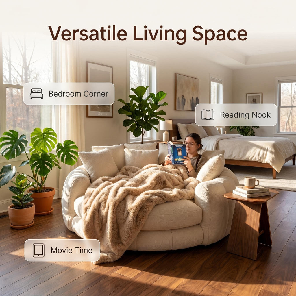 70 Inch Oversized Round Cuddle Daybed Sofa, High‑Density Foam Circular Reading Nook Chair, Removable Washable Cover with Multi‑Pillows for Bedroom Reading Corner