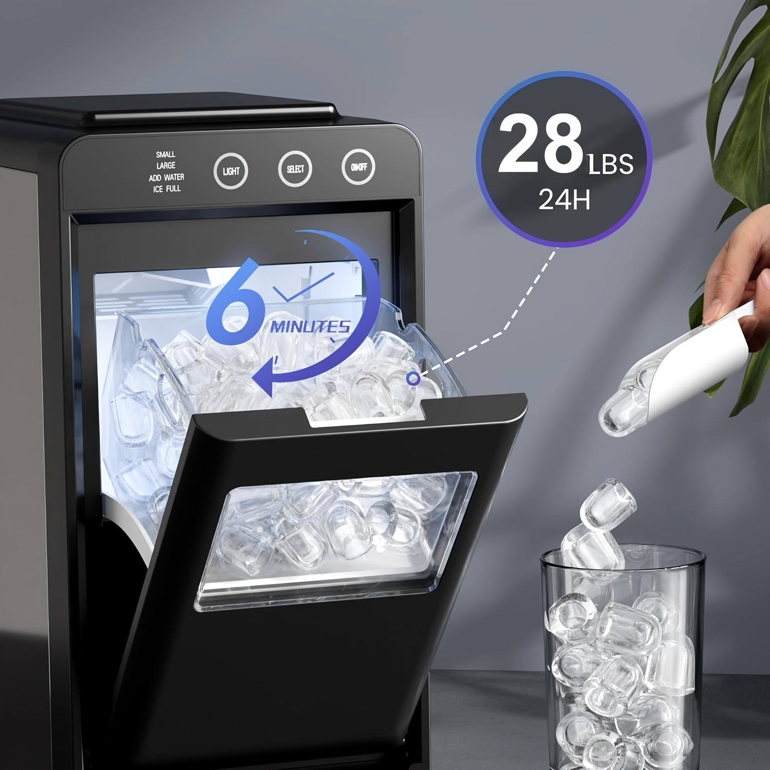 Countertop Ice Maker Machine, 6‑13 Mins Fast Ice Making 28Lbs/24H, Self‑Cleaning Portable Ice Machine, 2 Sizes Bullet Ice with Ice Scoop & Basket for Home Kitchen Bar Party