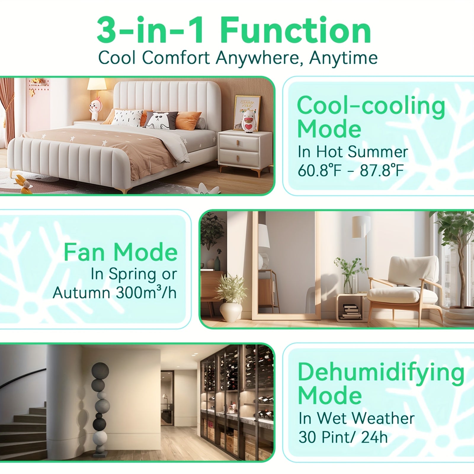 8000BTU Portable Air Conditioner, 3‑in‑1 Cool Fan Dehumidifier with Remote & 24H Timer