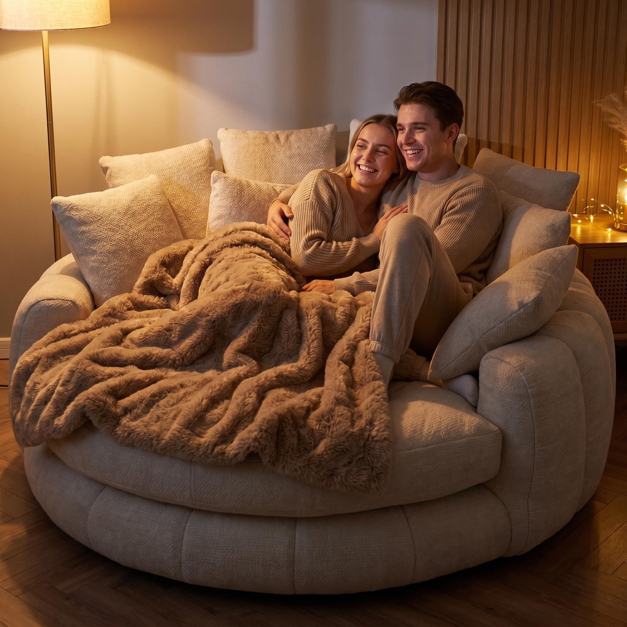 70 Inch Oversized Round Cuddle Daybed Sofa, High‑Density Foam Circular Reading Nook Chair, Removable Washable Cover with Multi‑Pillows for Bedroom Reading Corner
