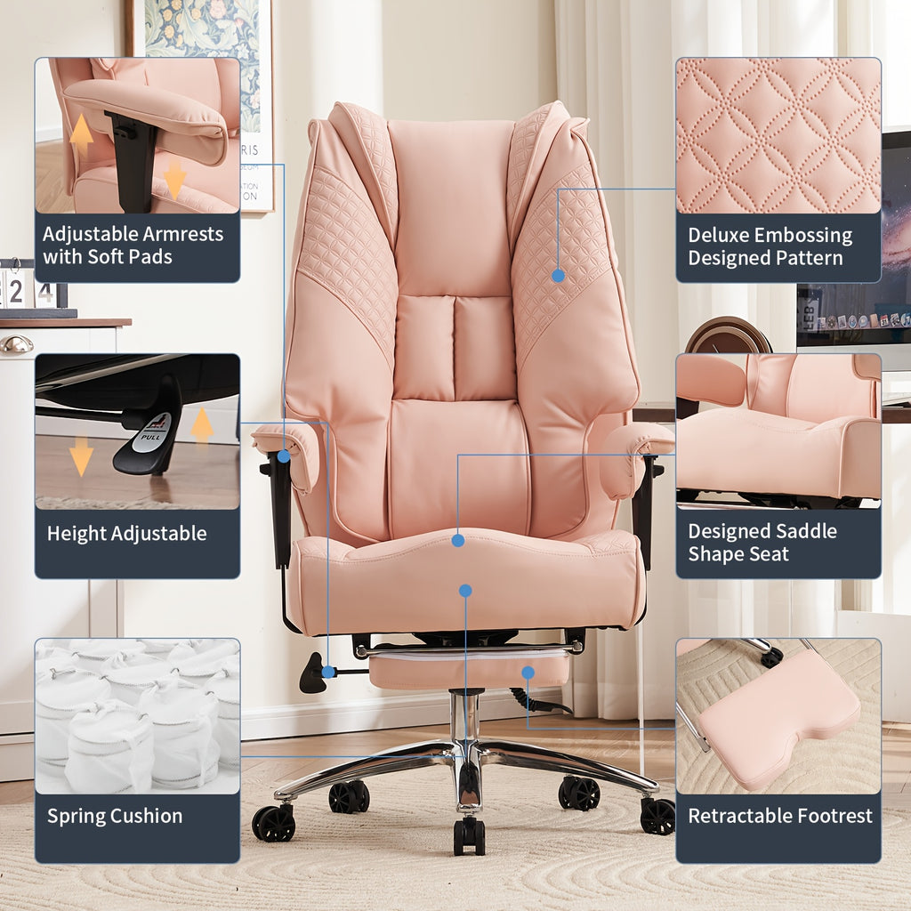 High Back PU Leather Executive Office Chair, 90‑145° Reclining Desk Chair with Retractable Footrest & Spring Cushion, Adjustable Armrest Computer Chair for Home Office