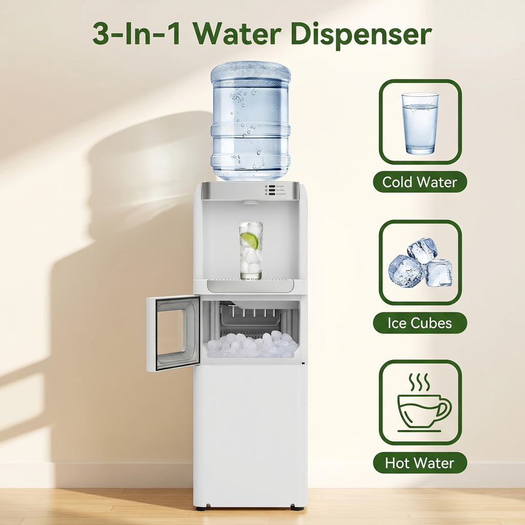 3‑in‑1 Top‑Loading Water Dispenser with Built‑in Ice Maker, Hot Cold Room Temp Water, Child Lock & Removable Drip Tray for Home Kitchen Office