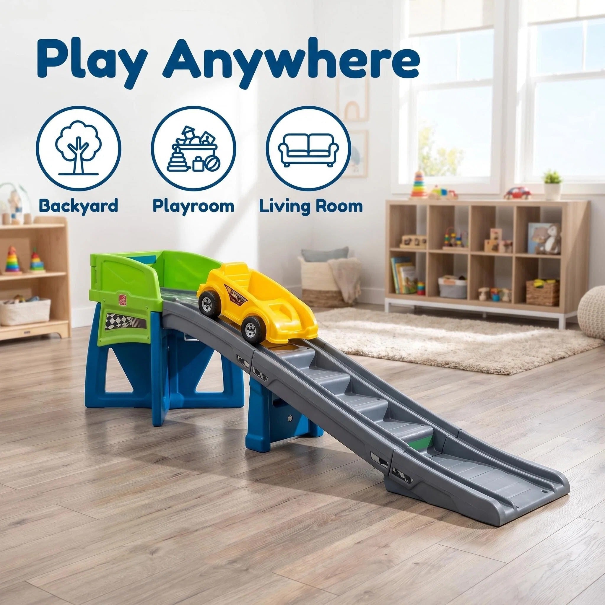 Kids Ride‑On Race Car Track Playset, 10 Ft Long Slide Track with 24” Ride‑On Car, Indoor Outdoor Toddler Roller Coaster Toy, Tool‑Free Assembly for Backyard Play