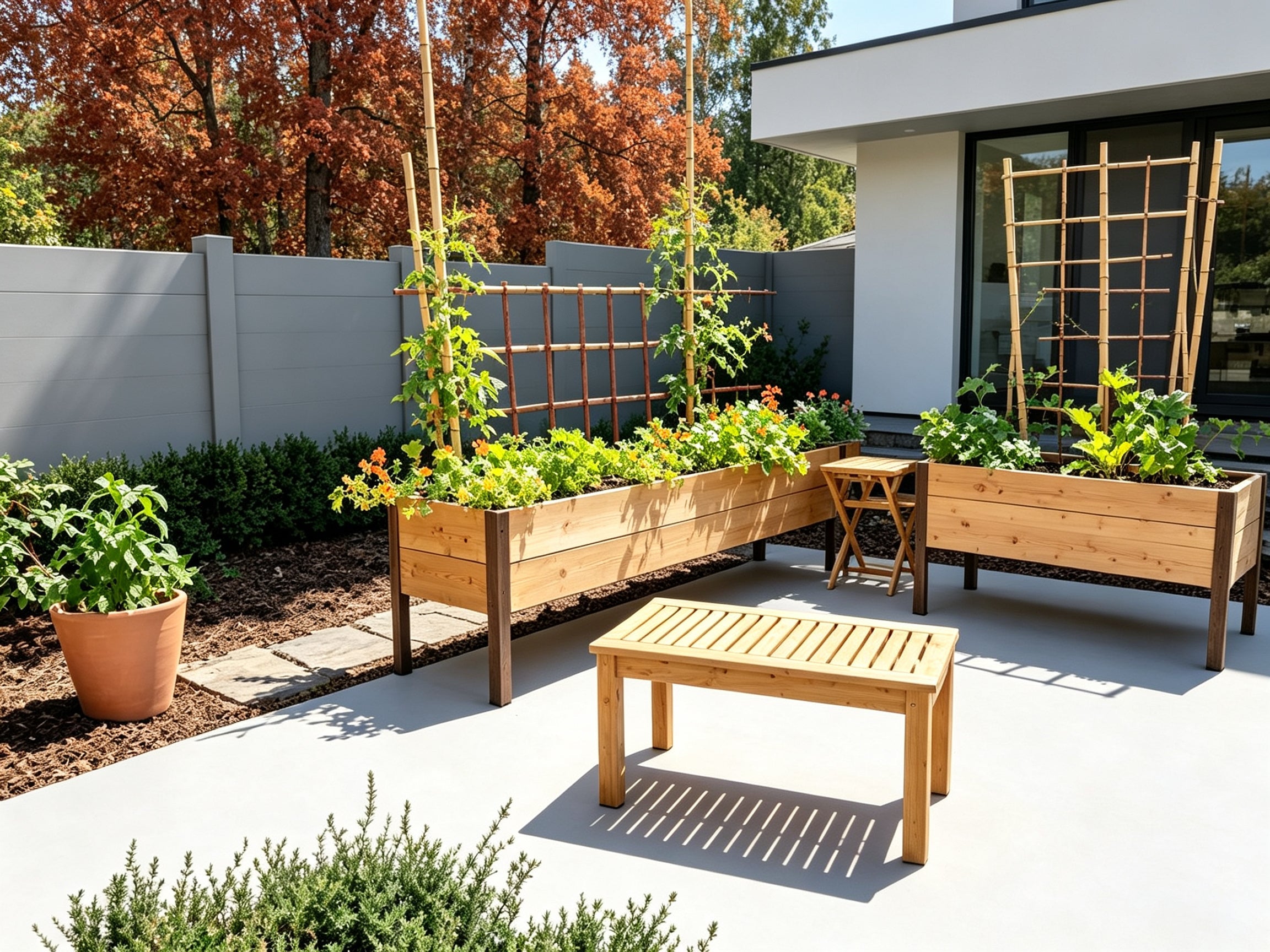 Elevated Wooden Raised Garden Bed with Arch Trellis & Self‑Watering System, Standing Raised Planter Box for Vegetables Herbs Flowers, Bonus 8‑Piece Gardening Tool Set