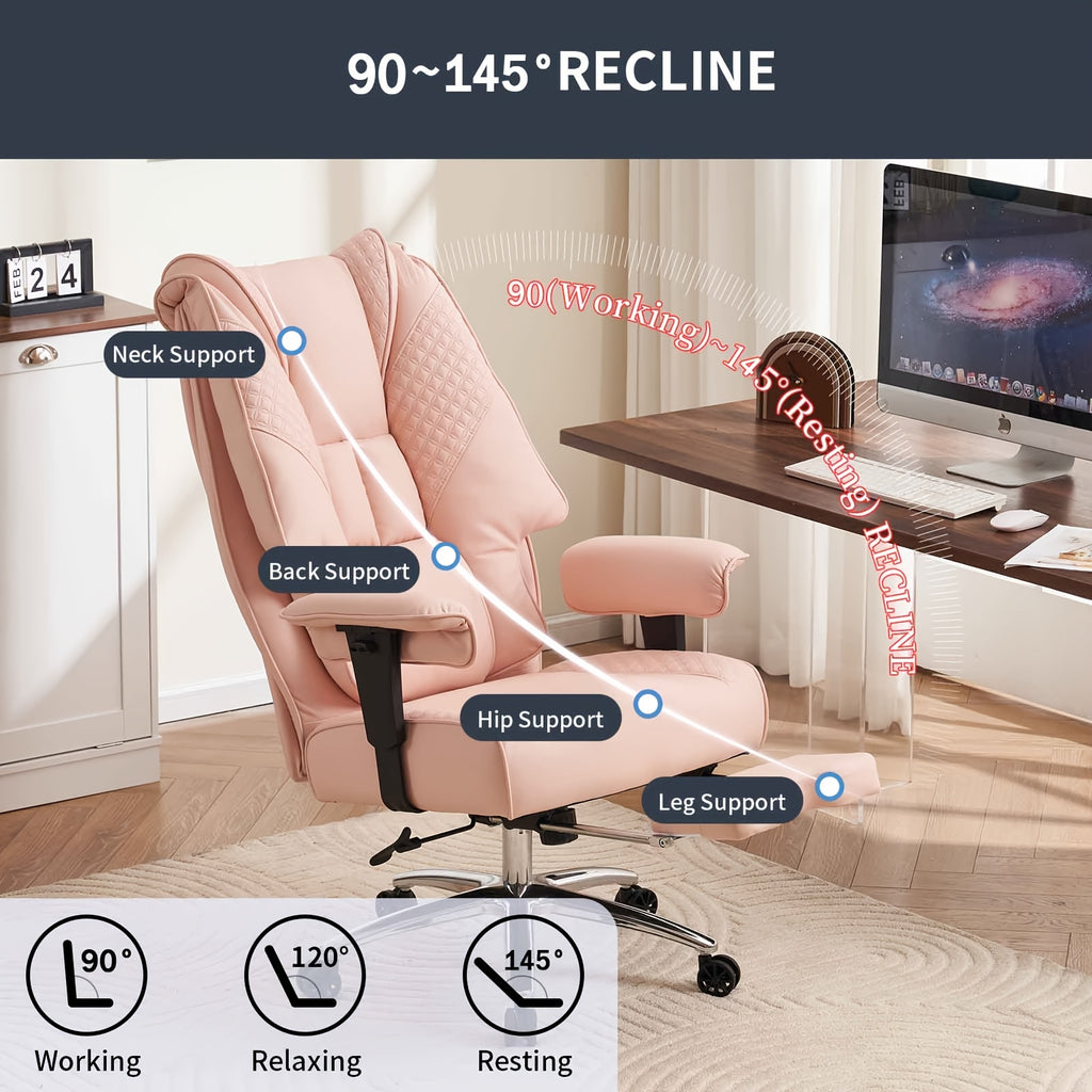 High Back PU Leather Executive Office Chair, 90‑145° Reclining Desk Chair with Retractable Footrest & Spring Cushion, Adjustable Armrest Computer Chair for Home Office