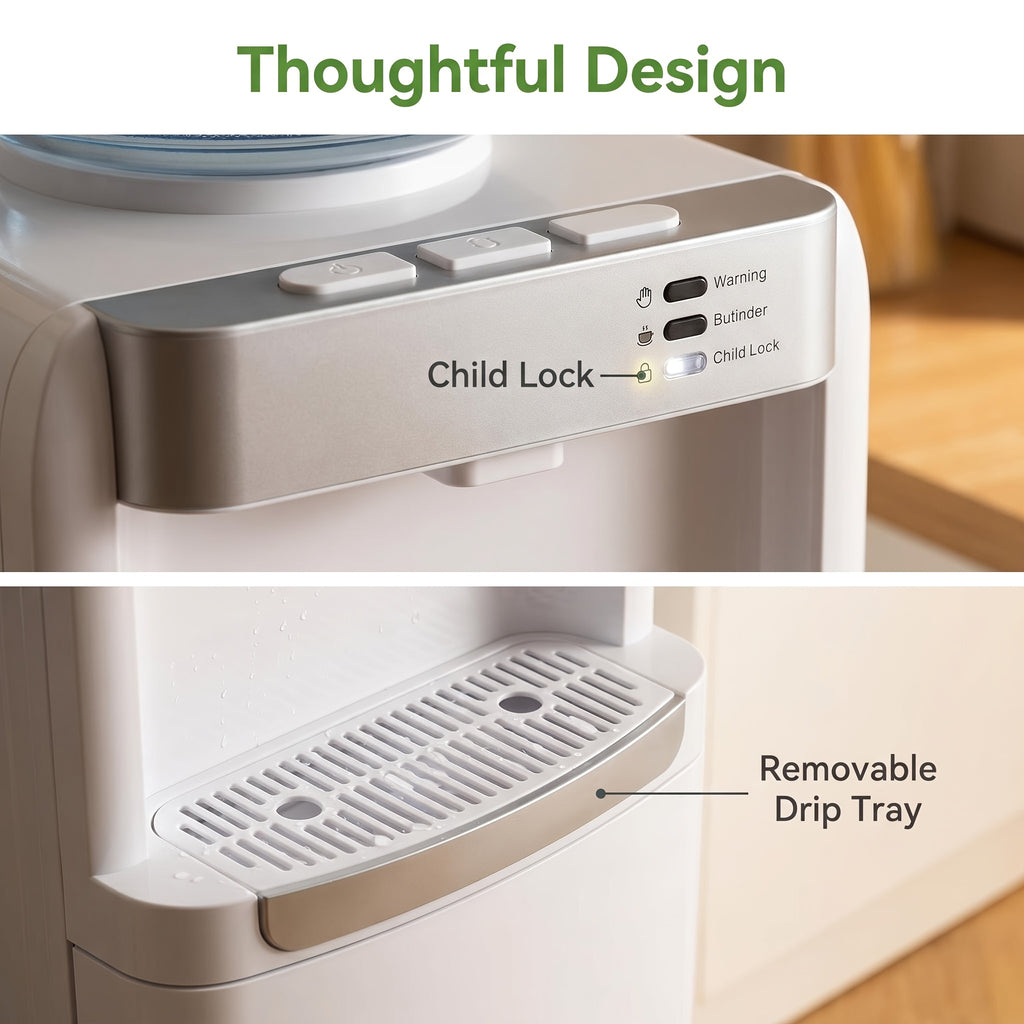 3‑in‑1 Top‑Loading Water Dispenser with Built‑in Ice Maker, Hot Cold Room Temp Water, Child Lock & Removable Drip Tray for Home Kitchen Office