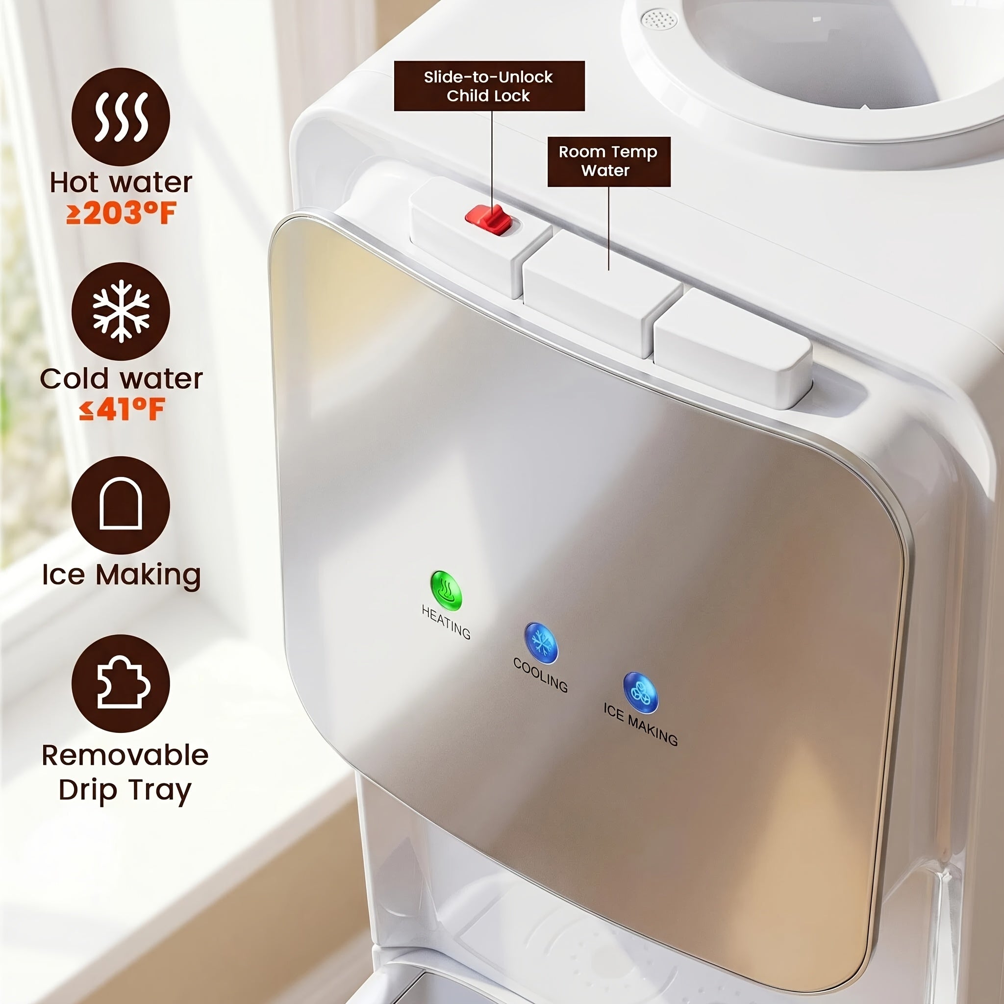 3‑in‑1 Top‑Loading Water Dispenser with Built‑in Ice Maker, Hot Cold Room Temp Water, Child Lock & Removable Drip Tray for Home Kitchen Office