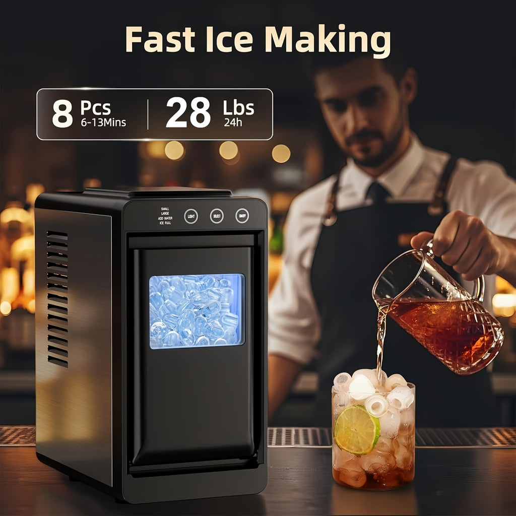 Countertop Ice Maker Machine, 6‑13 Mins Fast Ice Making 28Lbs/24H, Self‑Cleaning Portable Ice Machine, 2 Sizes Bullet Ice with Ice Scoop & Basket for Home Kitchen Bar Party