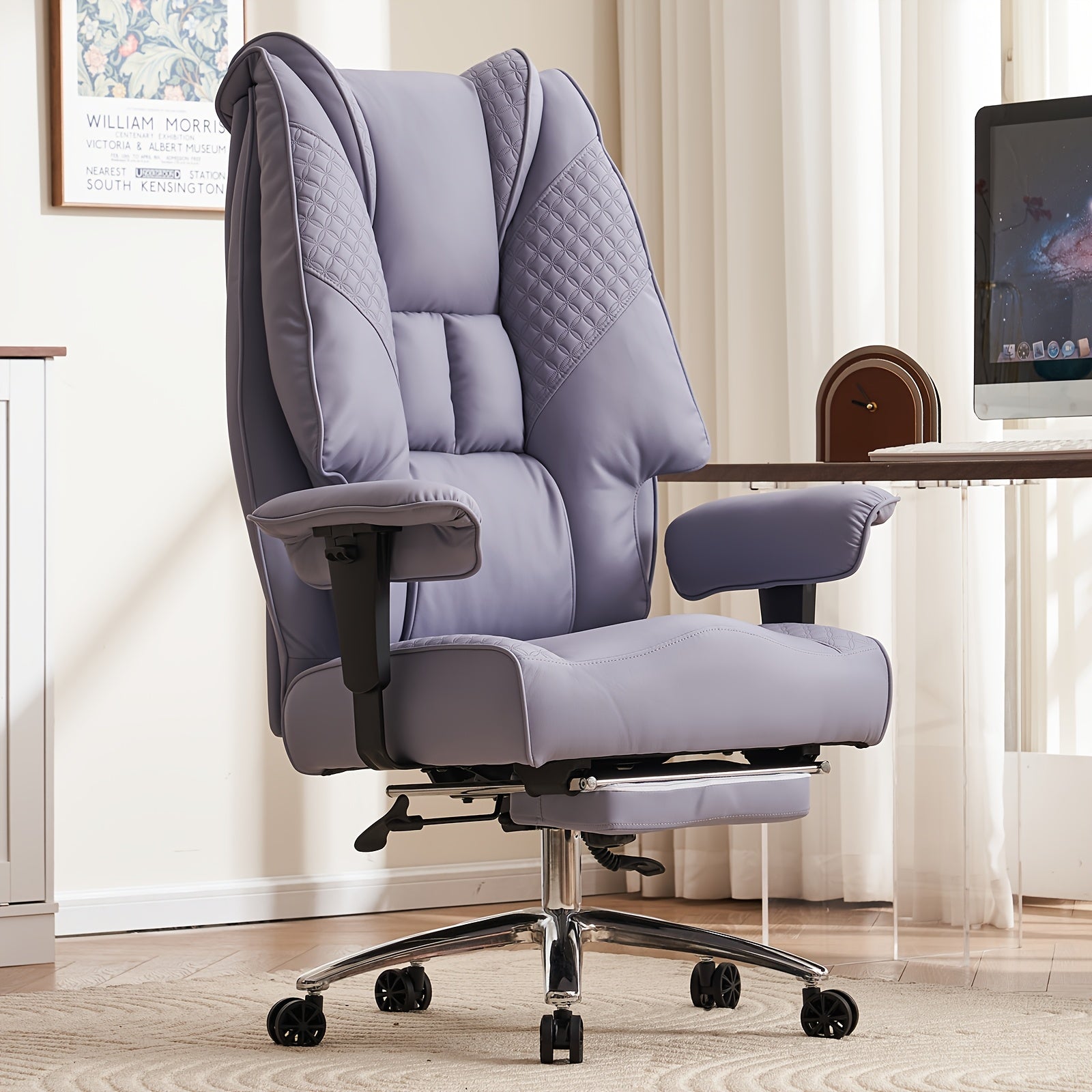 High Back PU Leather Executive Office Chair, 90‑145° Reclining Desk Chair with Retractable Footrest & Spring Cushion, Adjustable Armrest Computer Chair for Home Office