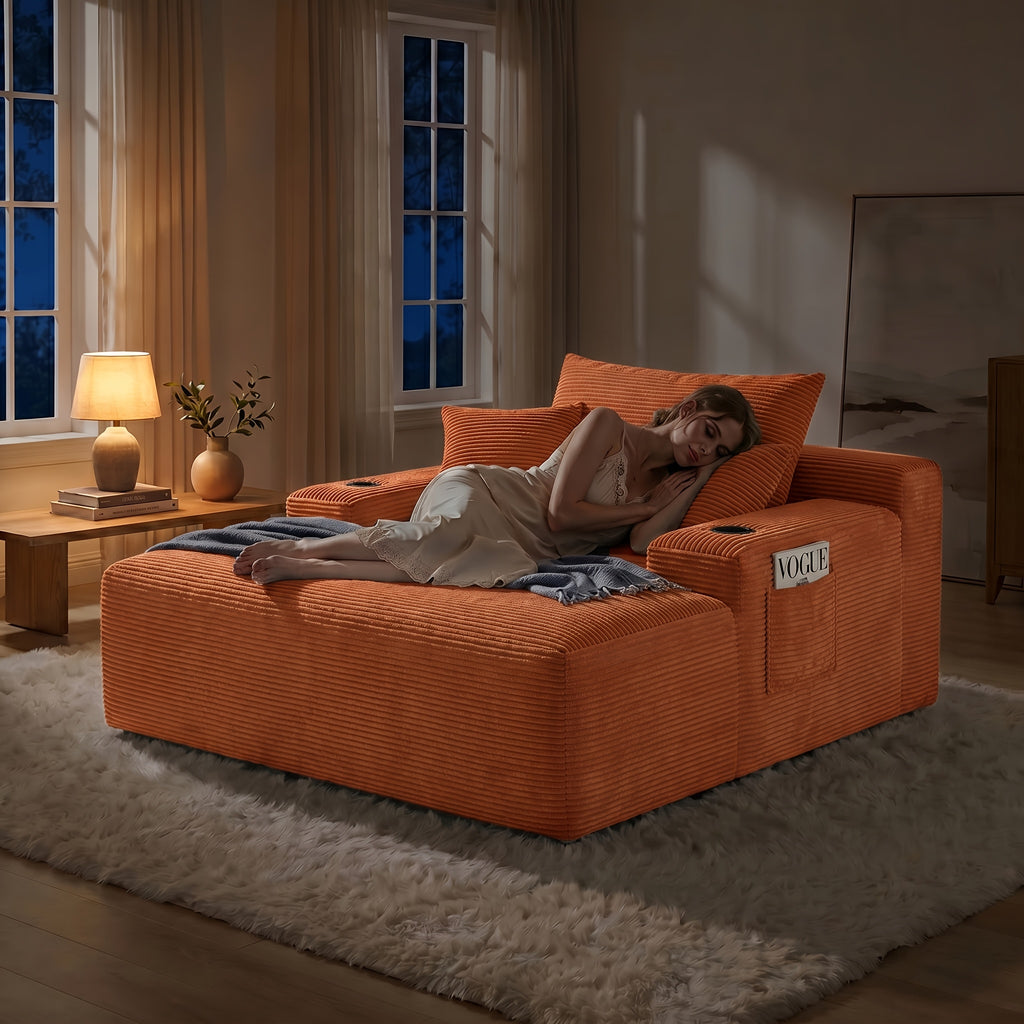 Oversized Corduroy Chaise Lounge Sofa, Pocket Spring Support Large Single Lazy Sofa for Living Room