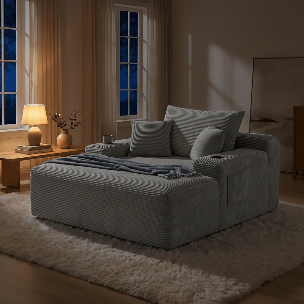 Oversized Corduroy Chaise Lounge Sofa, Pocket Spring Support Large Single Lazy Sofa for Living Room