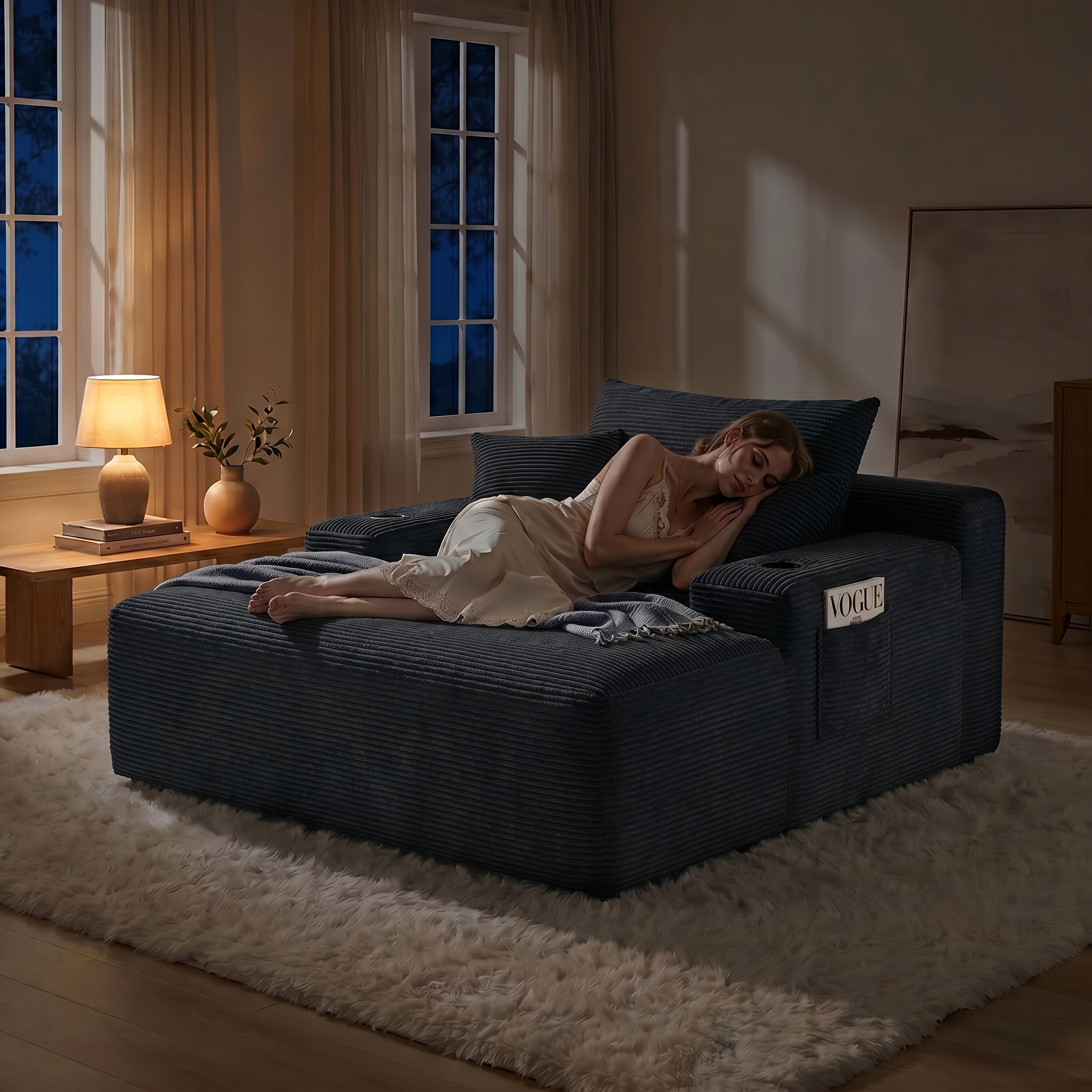 Oversized Corduroy Chaise Lounge Sofa, Pocket Spring Support Large Single Lazy Sofa for Living Room