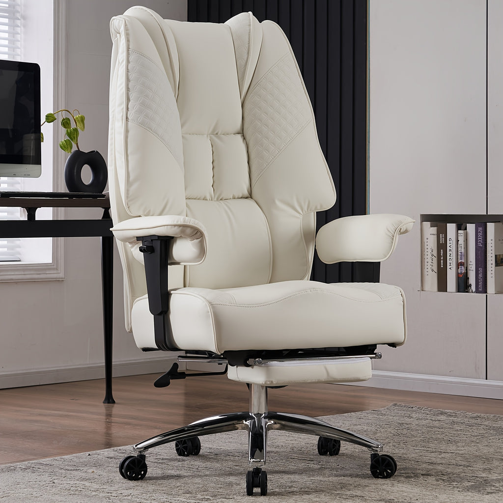 High Back PU Leather Executive Office Chair, 90‑145° Reclining Desk Chair with Retractable Footrest & Spring Cushion, Adjustable Armrest Computer Chair for Home Office