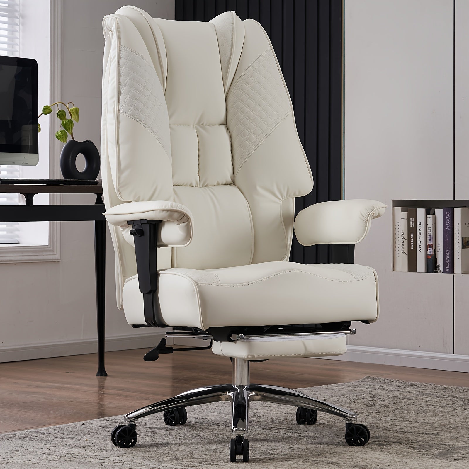 High Back PU Leather Executive Office Chair, 90‑145° Reclining Desk Chair with Retractable Footrest & Spring Cushion, Adjustable Armrest Computer Chair for Home Office