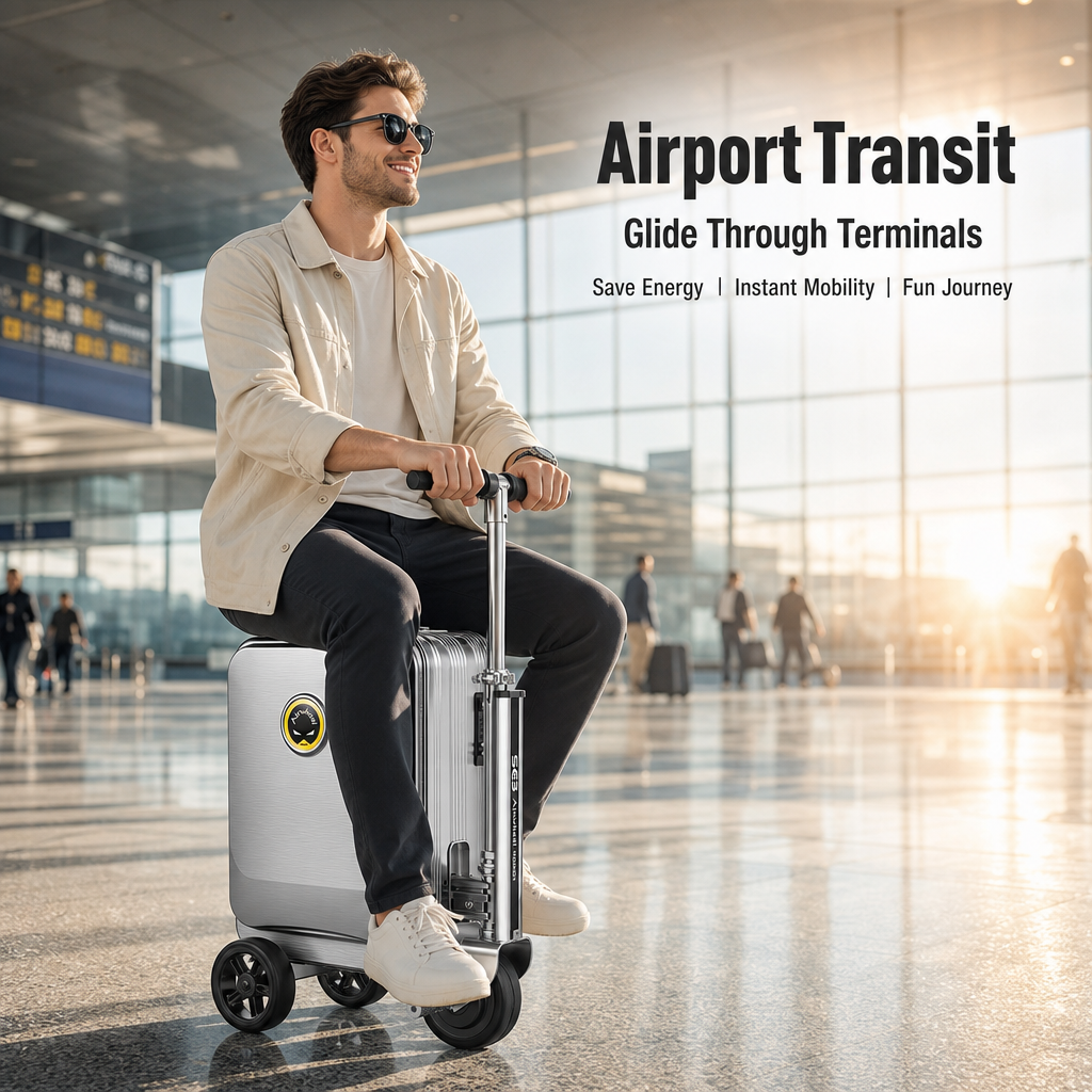 Rideable Scooter Luggage｜Foldable Aluminum Carry‑On Suitcase, TSA Lock Silent Wheels, Multi‑Purpose Riding Suitcase for Airport, Commute & Campus