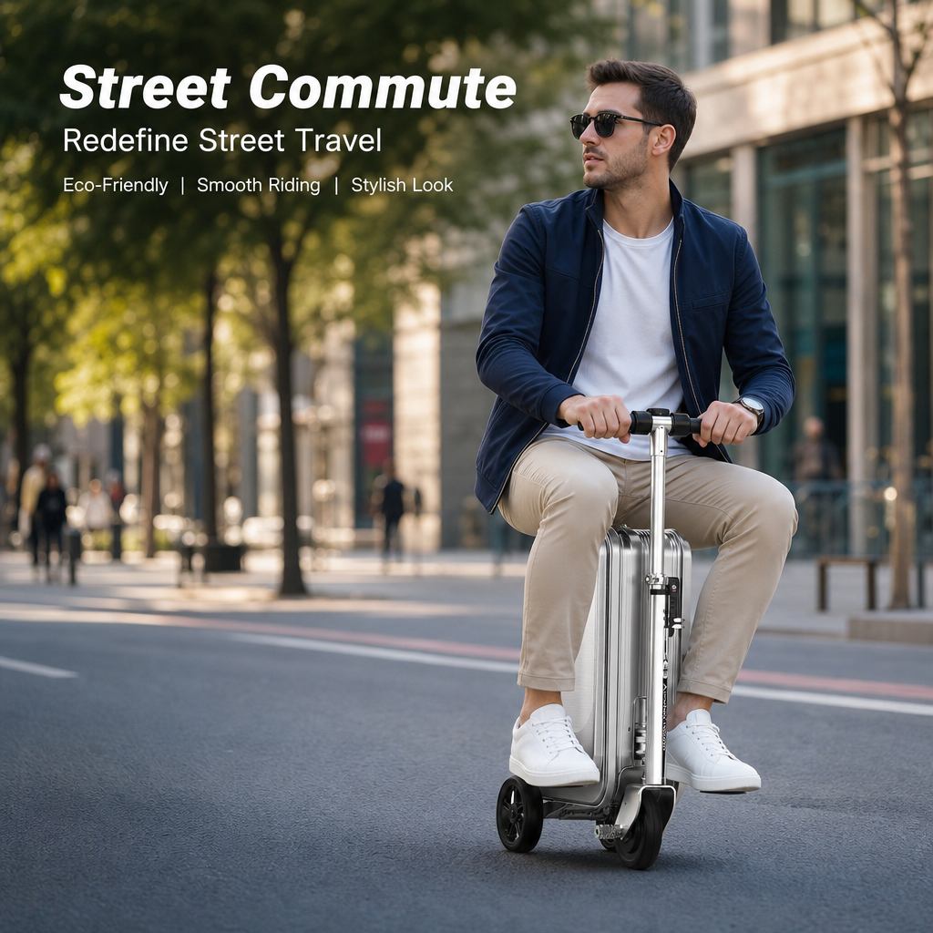 Rideable Scooter Luggage｜Foldable Aluminum Carry‑On Suitcase, TSA Lock Silent Wheels, Multi‑Purpose Riding Suitcase for Airport, Commute & Campus