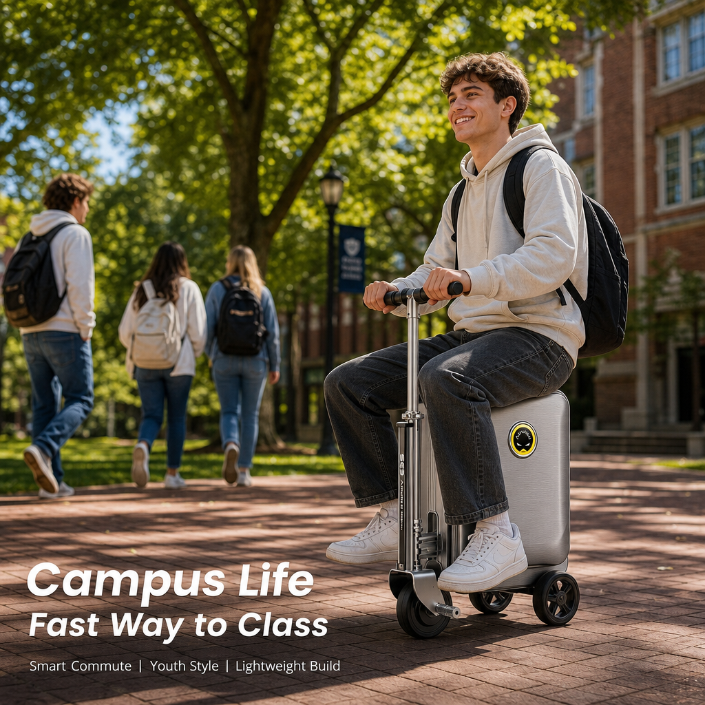 Rideable Scooter Luggage｜Foldable Aluminum Carry‑On Suitcase, TSA Lock Silent Wheels, Multi‑Purpose Riding Suitcase for Airport, Commute & Campus