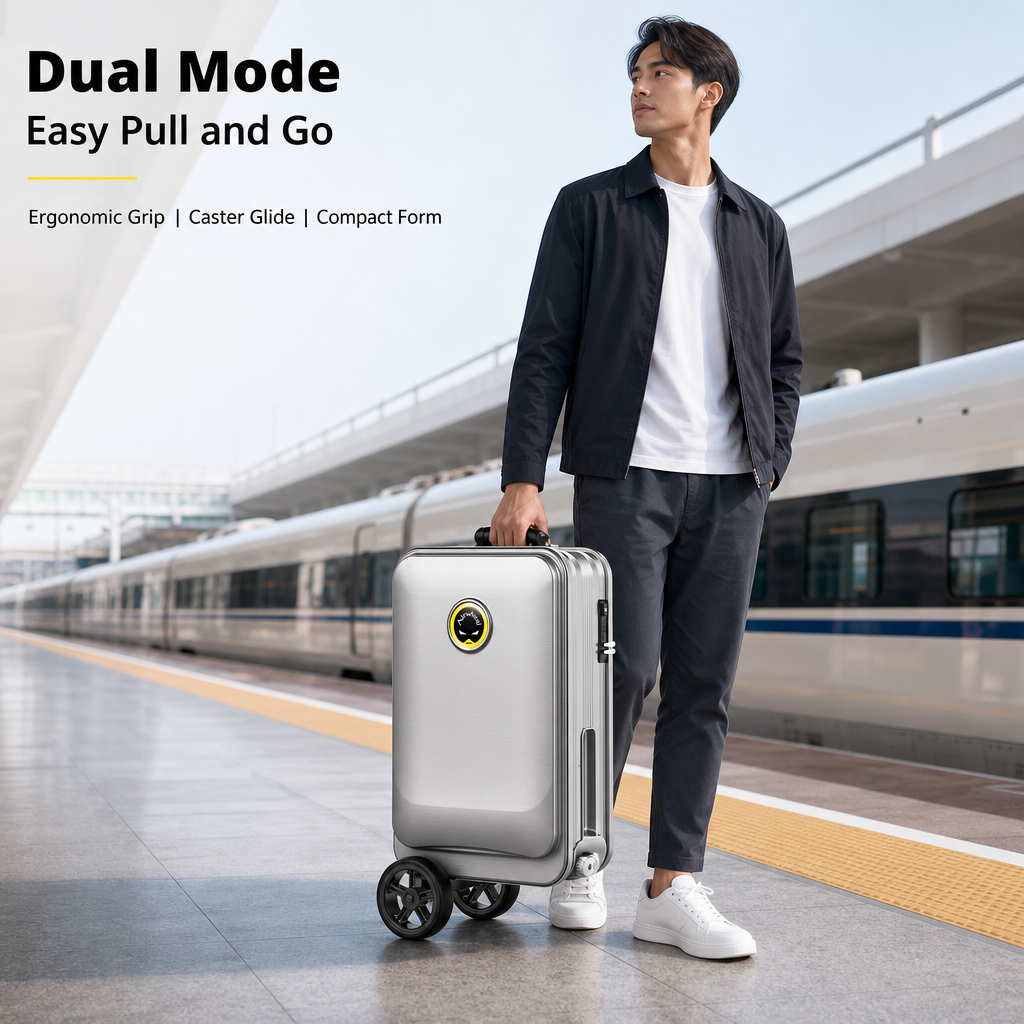 Rideable Scooter Luggage｜Foldable Aluminum Carry‑On Suitcase, TSA Lock Silent Wheels, Multi‑Purpose Riding Suitcase for Airport, Commute & Campus
