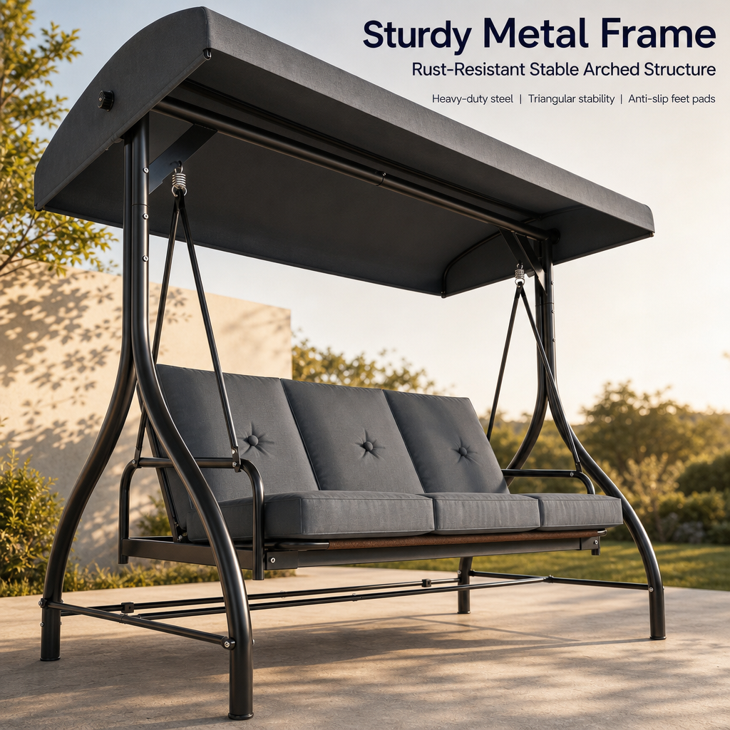 3‑Person Outdoor Patio Swing Chair with Adjustable Canopy, Convertible Swing Bed with Waterproof Cushion & Heavy‑Duty Metal Frame for Garden Backyard Porch