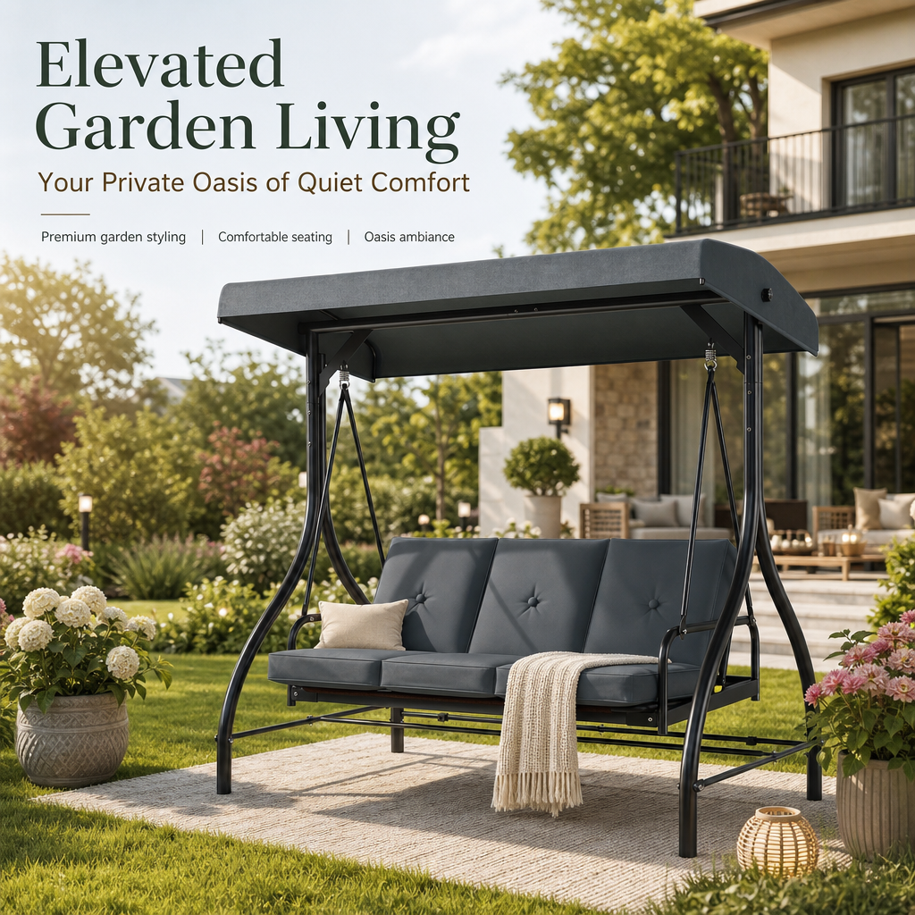 3‑Person Outdoor Patio Swing Chair with Adjustable Canopy, Convertible Swing Bed with Waterproof Cushion & Heavy‑Duty Metal Frame for Garden Backyard Porch