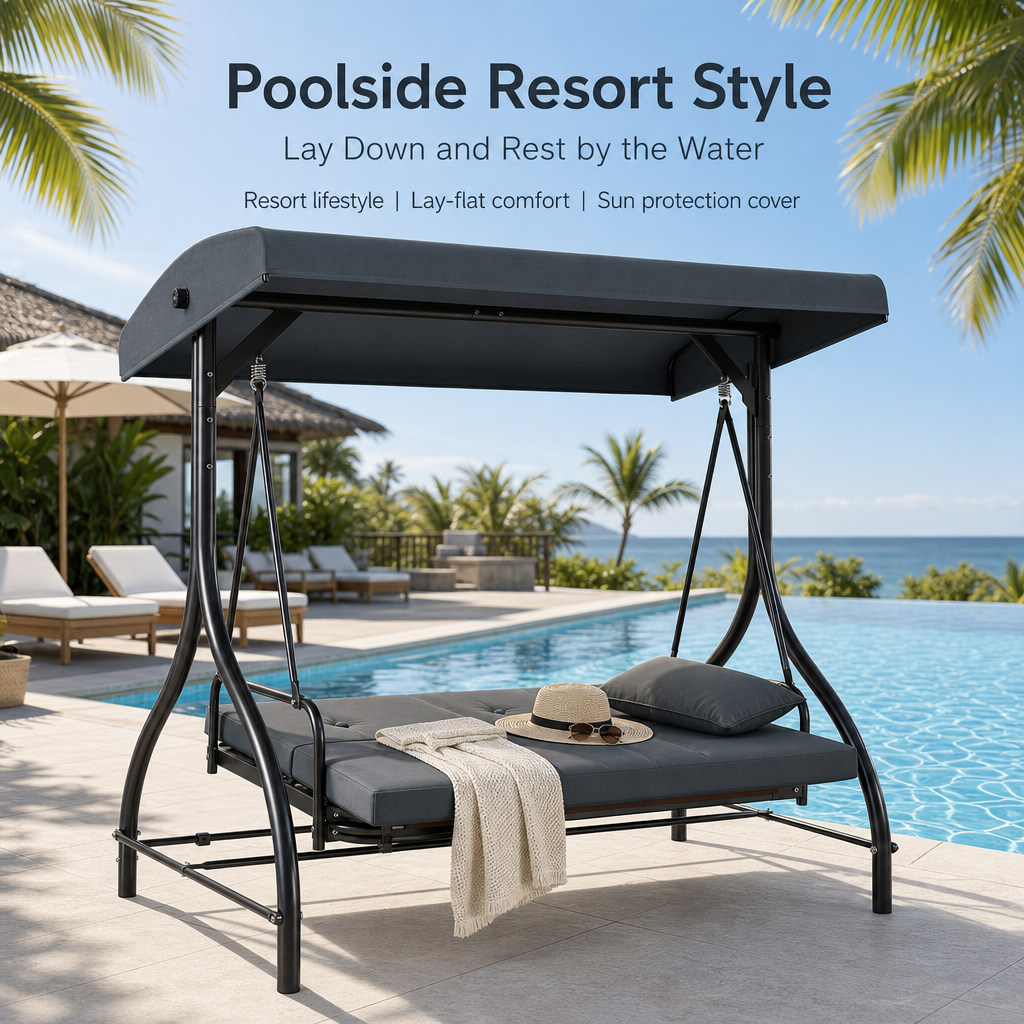 3‑Person Outdoor Patio Swing Chair with Adjustable Canopy, Convertible Swing Bed with Waterproof Cushion & Heavy‑Duty Metal Frame for Garden Backyard Porch