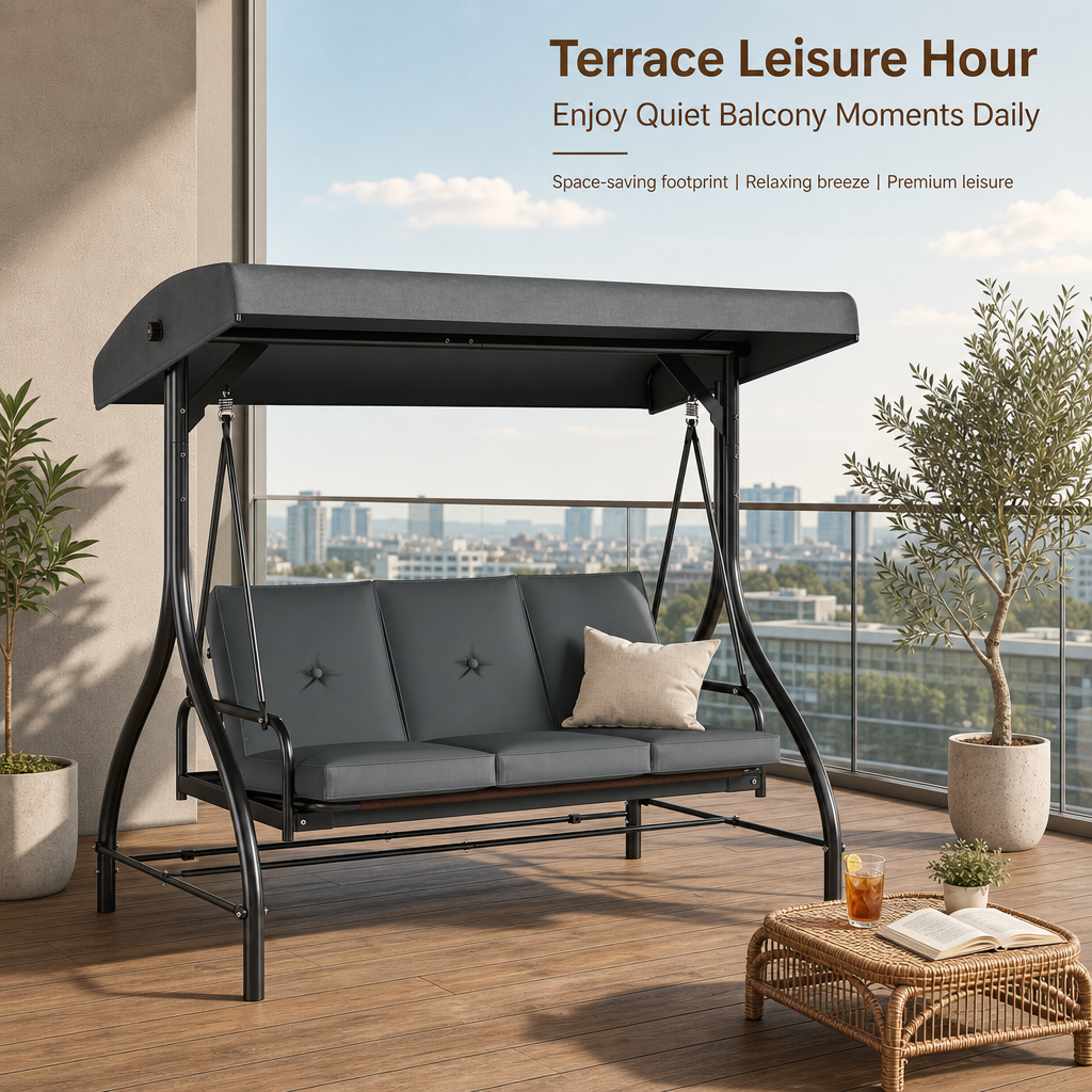 3‑Person Outdoor Patio Swing Chair with Adjustable Canopy, Convertible Swing Bed with Waterproof Cushion & Heavy‑Duty Metal Frame for Garden Backyard Porch