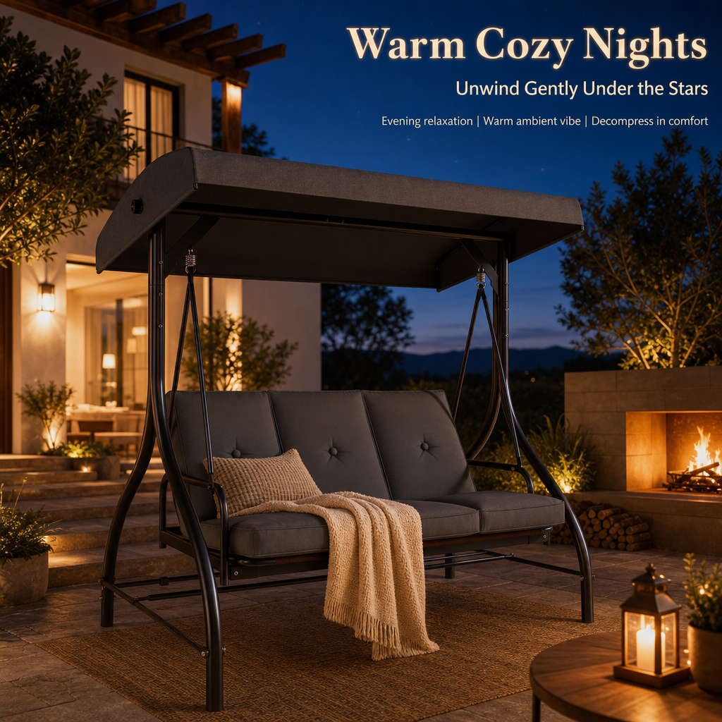 3‑Person Outdoor Patio Swing Chair with Adjustable Canopy, Convertible Swing Bed with Waterproof Cushion & Heavy‑Duty Metal Frame for Garden Backyard Porch