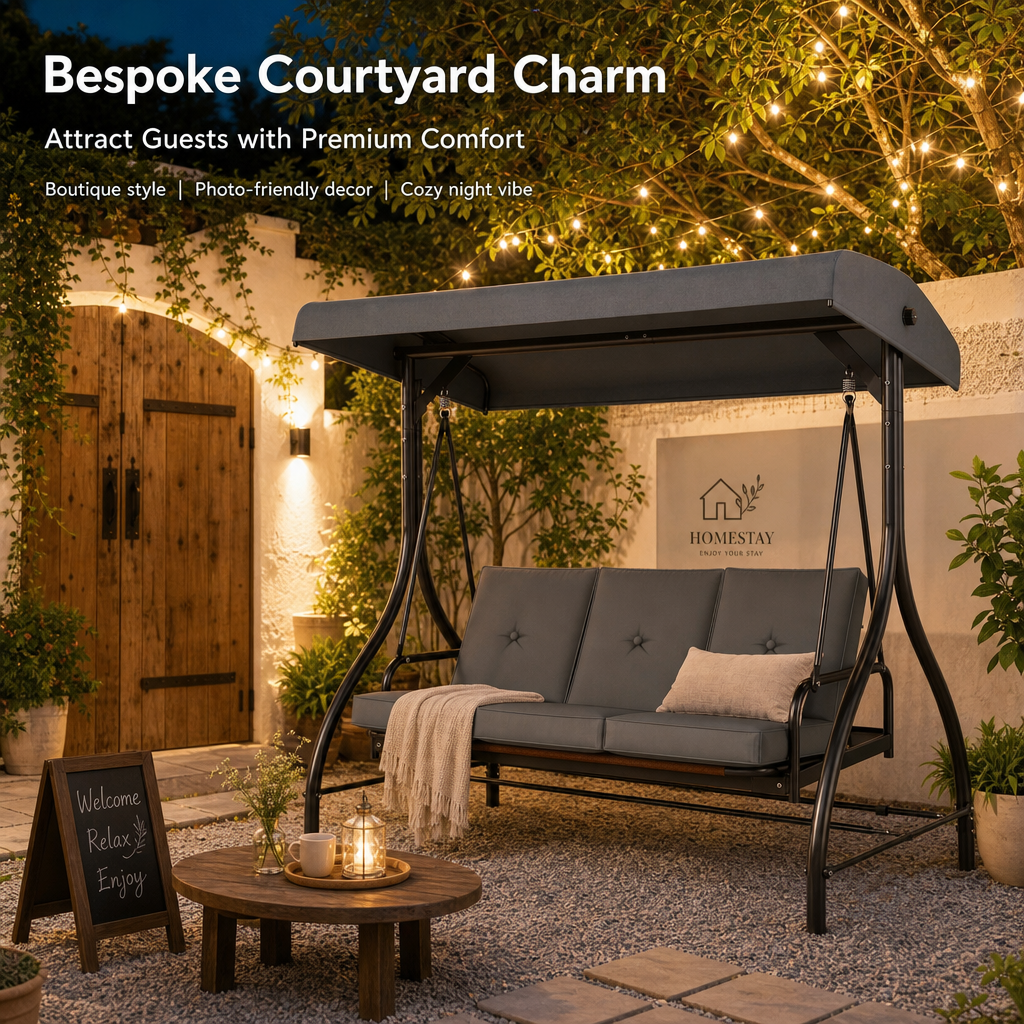 3‑Person Outdoor Patio Swing Chair with Adjustable Canopy, Convertible Swing Bed with Waterproof Cushion & Heavy‑Duty Metal Frame for Garden Backyard Porch