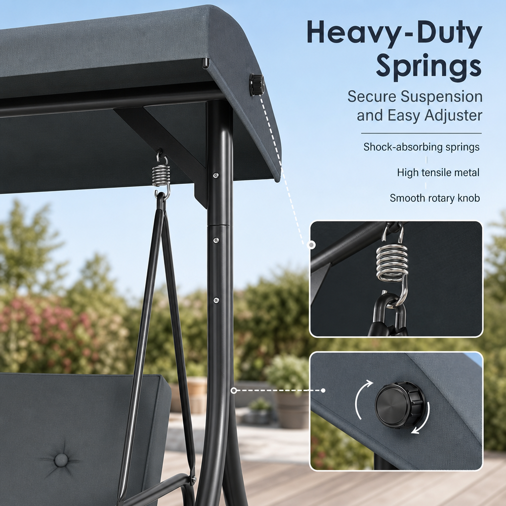 3‑Person Outdoor Patio Swing Chair with Adjustable Canopy, Convertible Swing Bed with Waterproof Cushion & Heavy‑Duty Metal Frame for Garden Backyard Porch